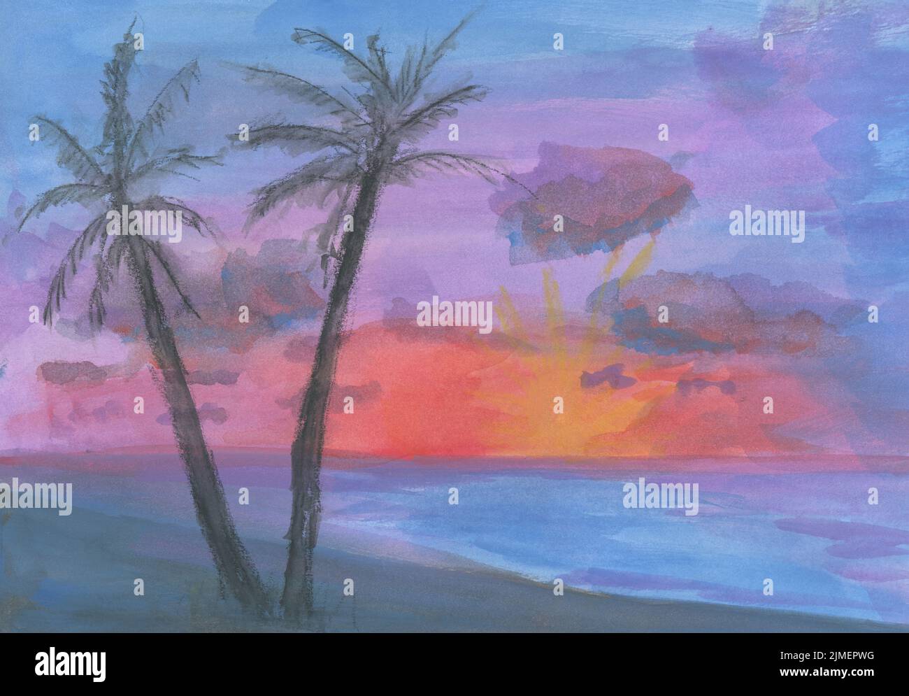 Acquerello su carta: Un'impressione di un tramonto su una spiaggia tropicale. Silhouette di una palma Foto Stock