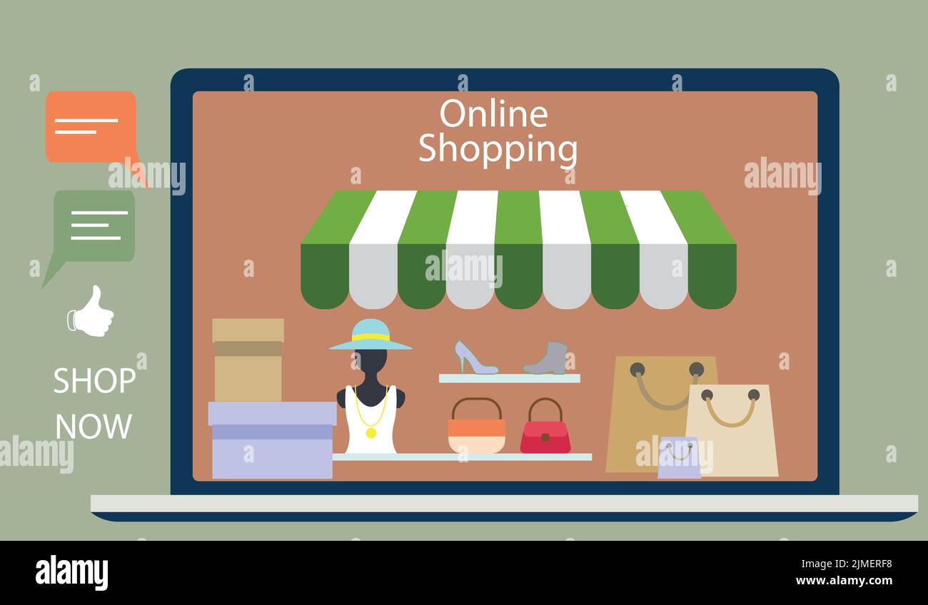 Un notebook con borse, scarpe e scatole su sfondo grigio. Concetto di shopping online Illustrazione Vettoriale