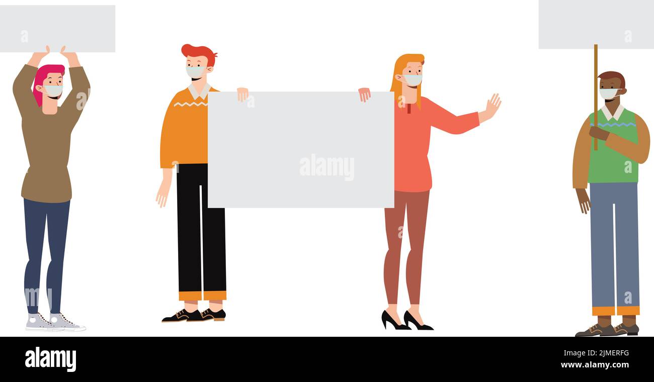 Una folla di persone che protestano con striscioni e cartelloni. Uomini e donne partecipano a incontri politici, sfilate o raduni. Illustrazione Vettoriale