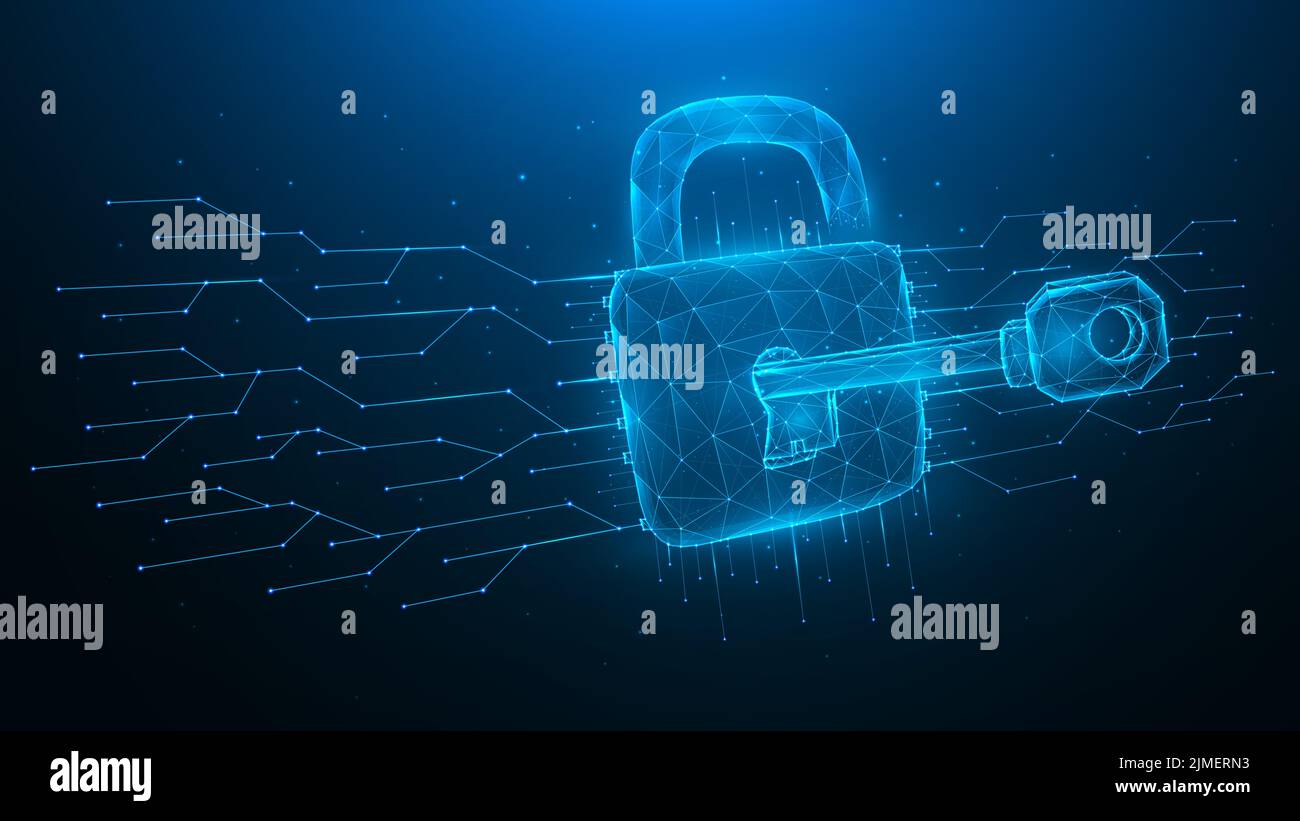 Cyber Attack low poly art. L'illustrazione vettoriale poligonale di un tasto sblocca un lucchetto su sfondo blu. Il concetto di attacco Foto Stock