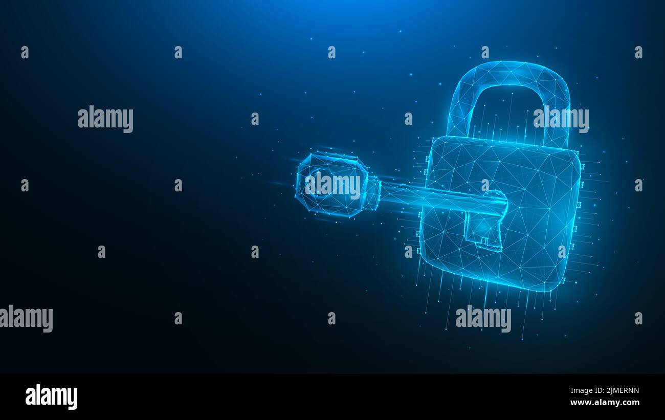 Cyber Security low poly art. Illustrazione vettoriale poligonale di un tasto e di un lucchetto su sfondo blu. Attacco informatico o pirateria informatica Foto Stock