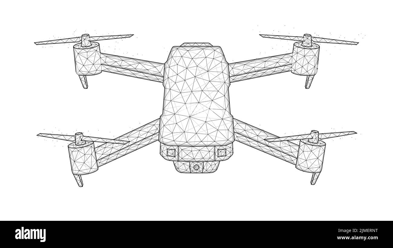 Quadricotteri a basso formato, illustrazione vettoriale poligonale drone. Design del concetto di veicolo aereo senza equipaggio. Foto Stock