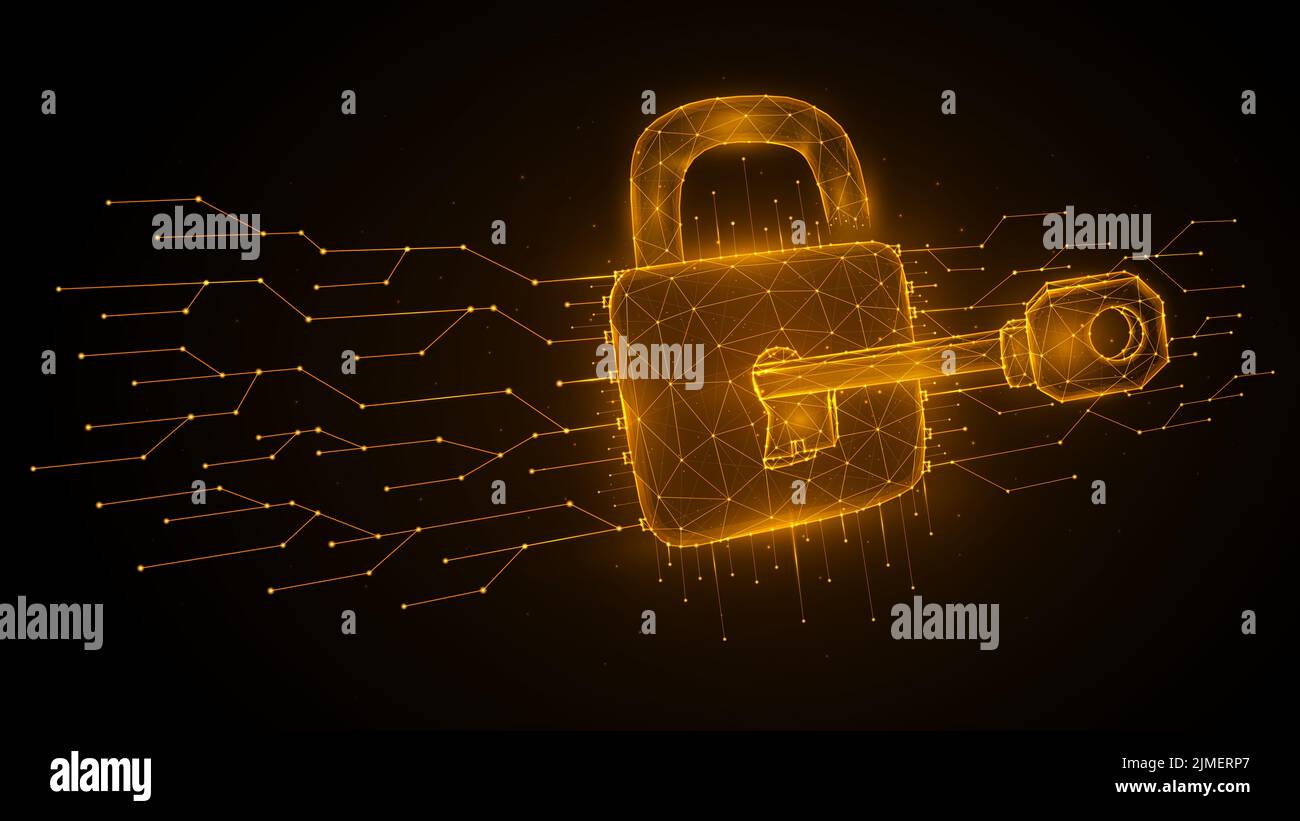 Cyber Attack low poly art. L'illustrazione vettoriale poligonale di un tasto sblocca una serratura. Il concetto di attacco a un sistema di informazioni Foto Stock