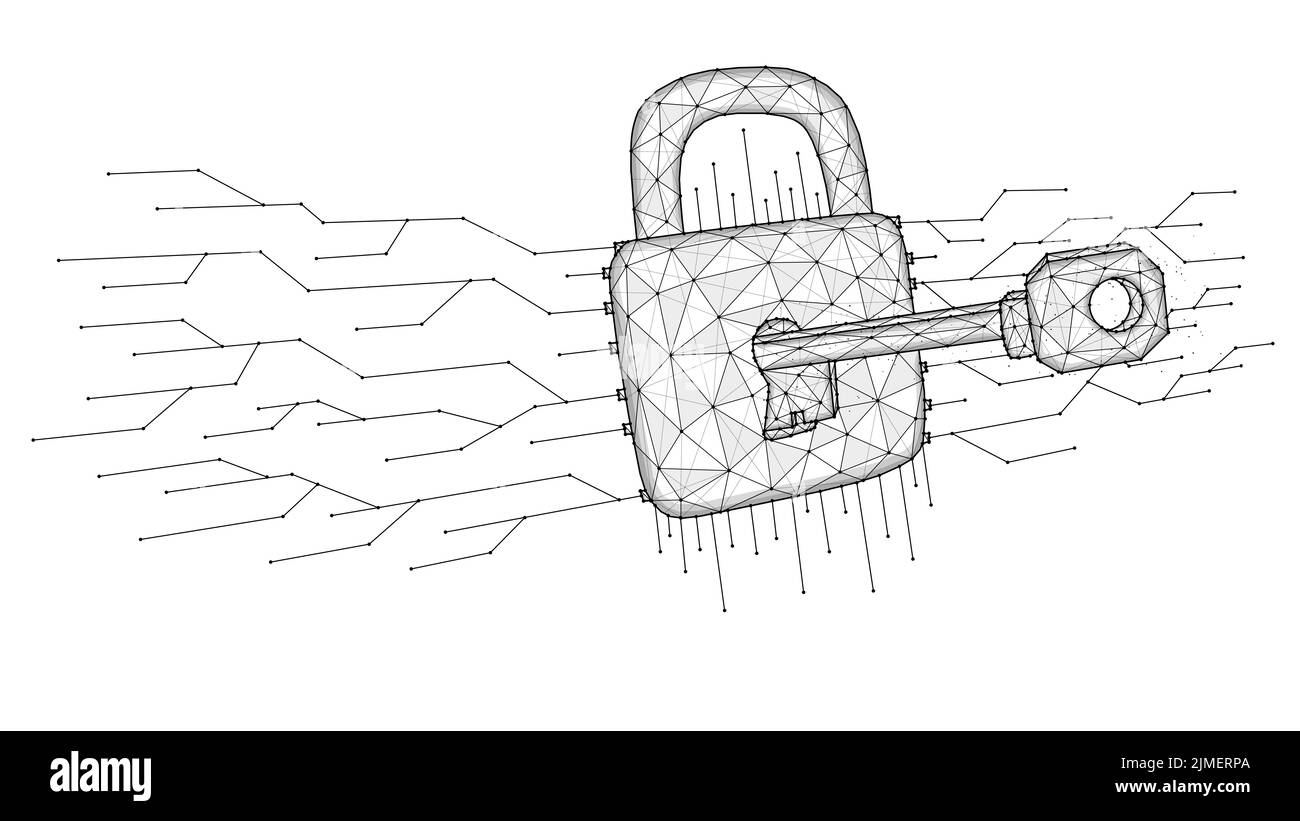 Cyber Attack low polyart vettore poligonale illustrazione di un tasto sblocca un blocco. Foto Stock