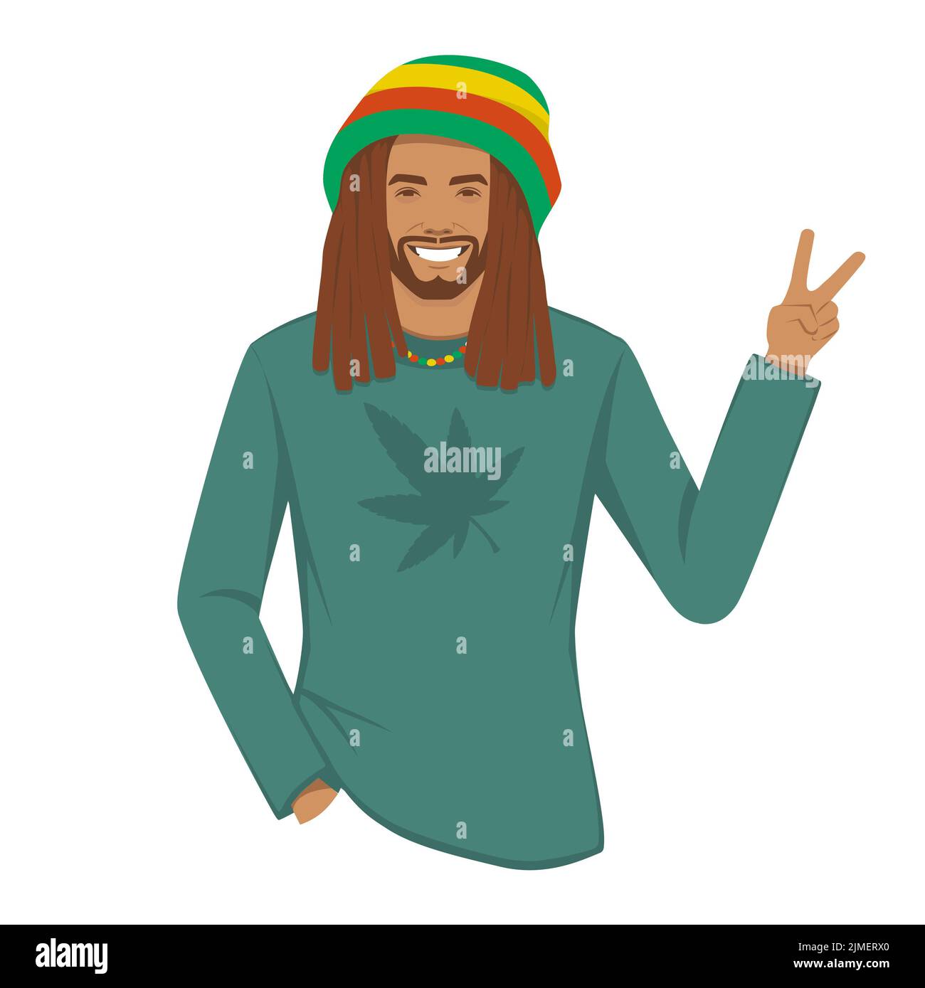 cartoon rastafarian uomo con dreadlocks, musica rasta dalla giamaica. isolato carattere felice. Illustrazione vettoriale. Foto Stock