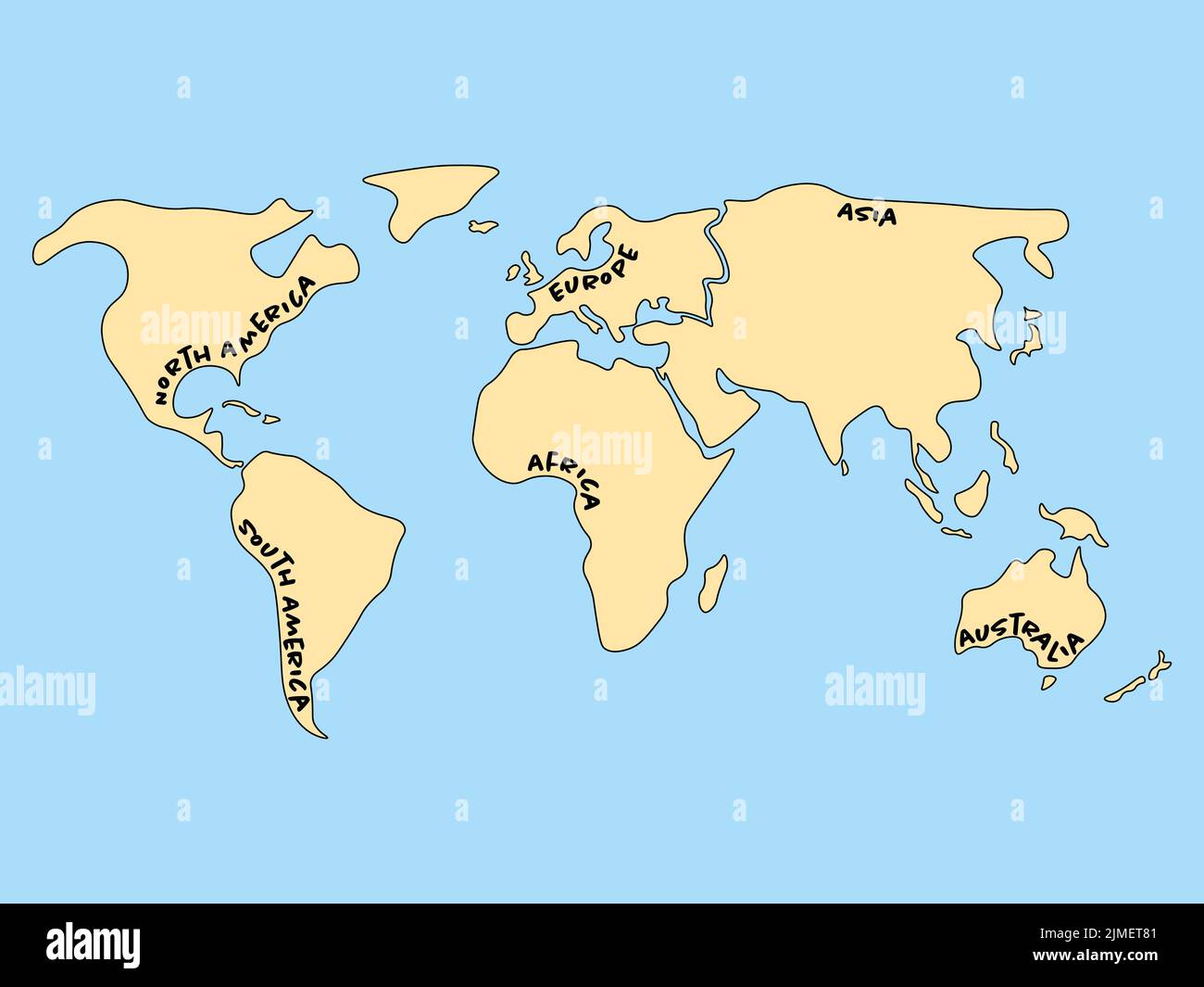 Mappa del mondo vettoriale simulata divisa in sei continenti. Terre gialle e acqua blu Illustrazione Vettoriale