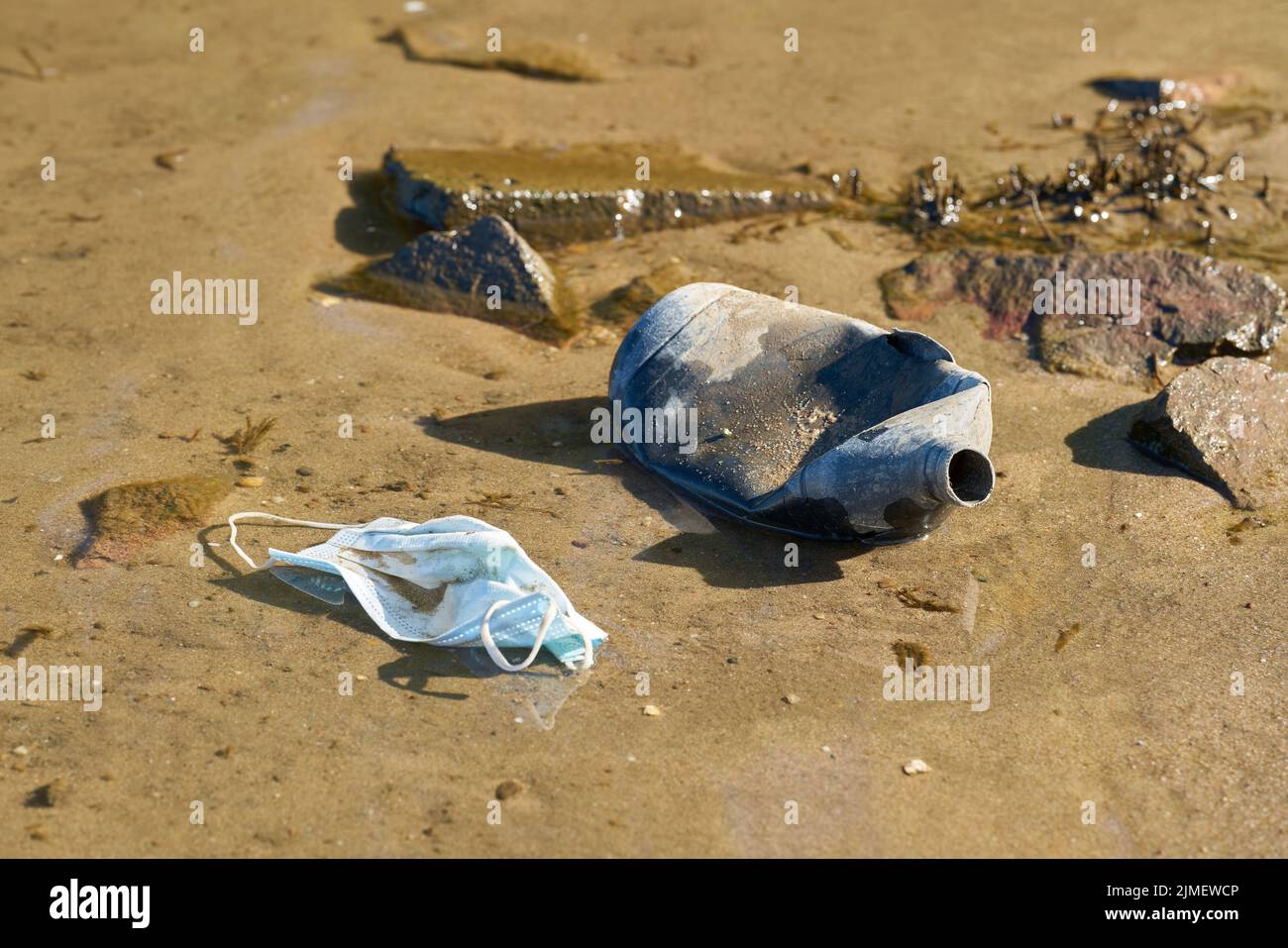 Bottiglia di plastica e maschera sulla riva dell'Elba vicino a Magdeburgo in Germania Foto Stock
