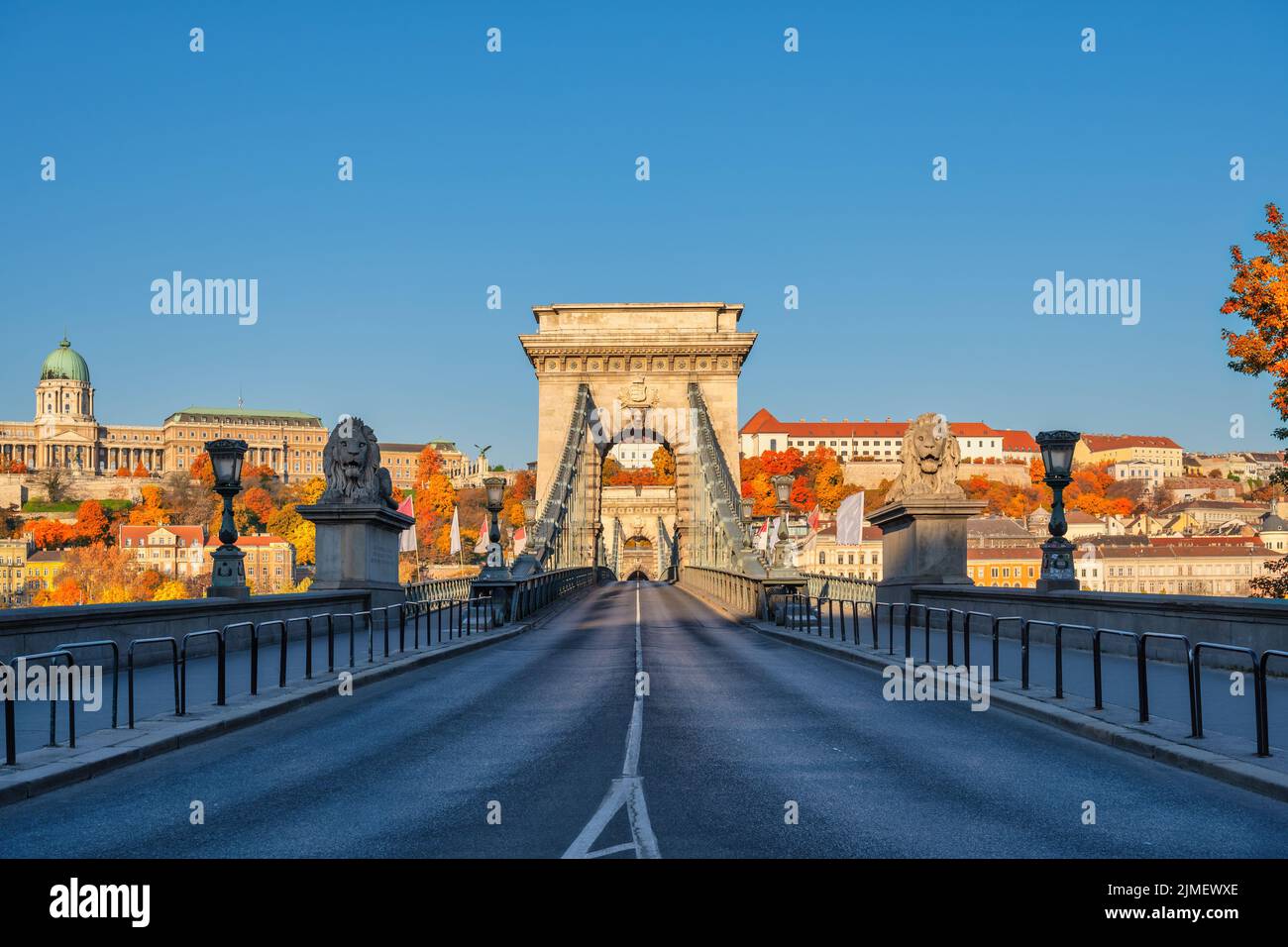 Budapest Ungheria, skyline della città al Ponte delle catene e Castello di Buda con stagione di fogliame autunnale Foto Stock