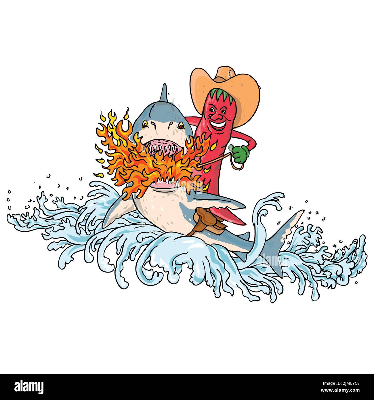 Cowboy Hot Chili Pepper Riding a Shark Breathing Fire saltando in su con Waves Vintage Tattoo stile Foto Stock