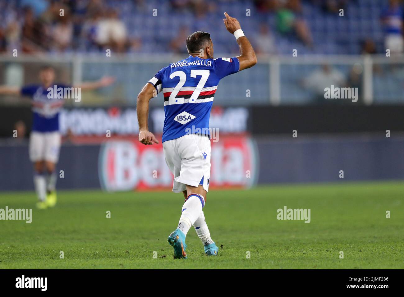 Genova, Italia. 5th ago 2022. Fabio Quagliarella di noi Sampdoria gesti durante la partita della Coppa Italia tra noi Sampdoria e Reggina 1914 allo Stadio Luigi Ferraris il 5 agosto 2022 a Genova. Credit: Marco Canoniero/Alamy Live News Foto Stock