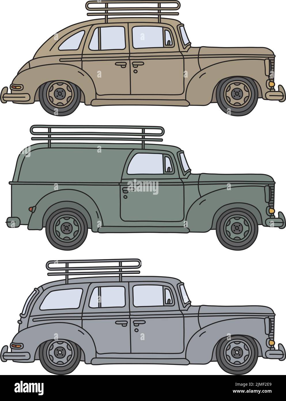 Il disegno a mano vettorizzato di tre auto personali militari retrò Illustrazione Vettoriale