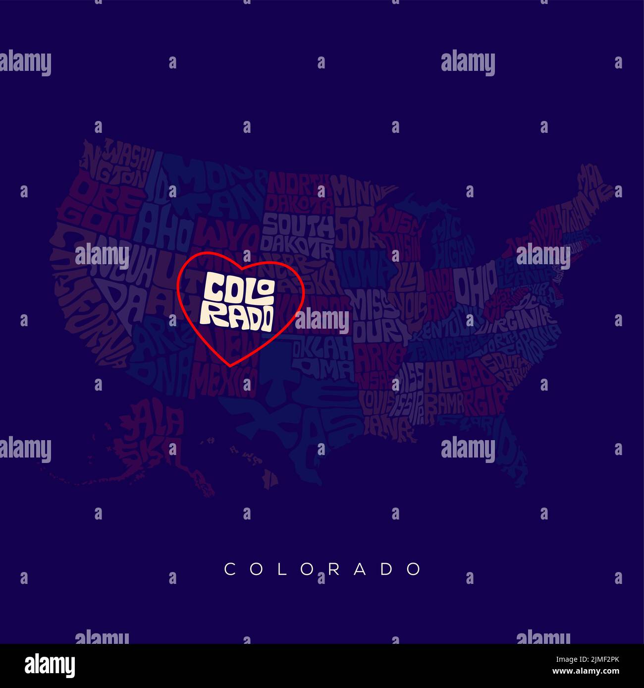 Tipografia della mappa dello stato del Colorado. Lettere della mappa DEGLI STATI UNITI con i nomi di tutti gli stati. Illustrazione Vettoriale