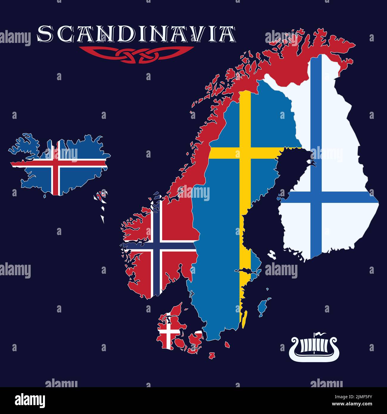 Design in stile vichingo. I paesi scandinavi mappano con bandiere nazionali Illustrazione Vettoriale