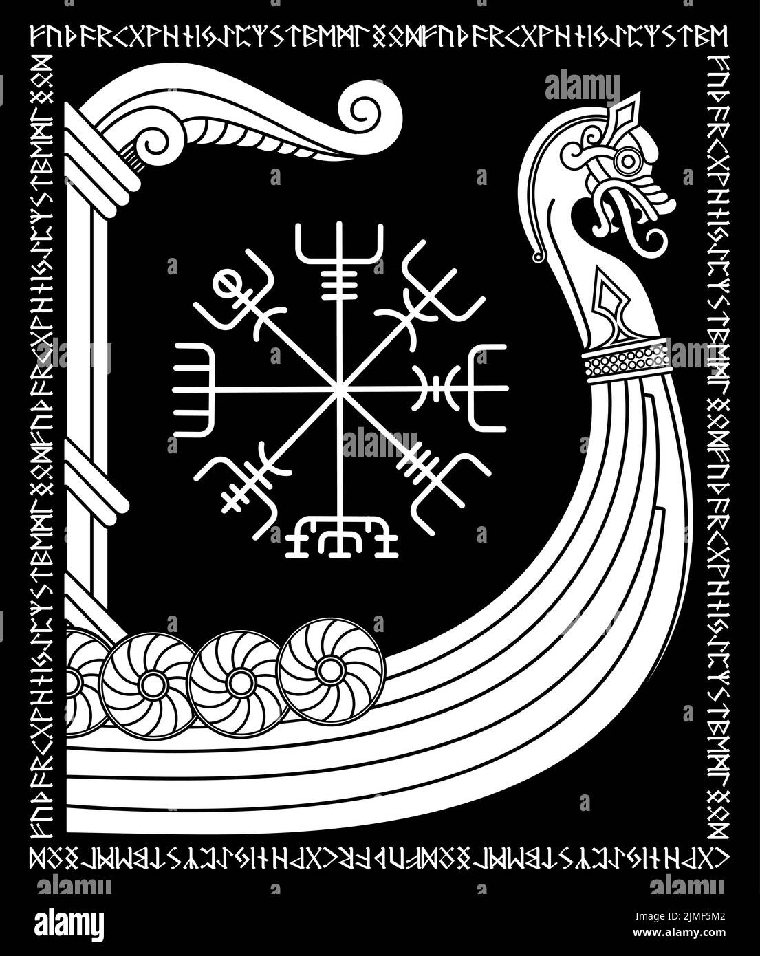 Nave da guerra dei Vichinghi. Drakkar, antico modello scandinavo e rune norse Illustrazione Vettoriale