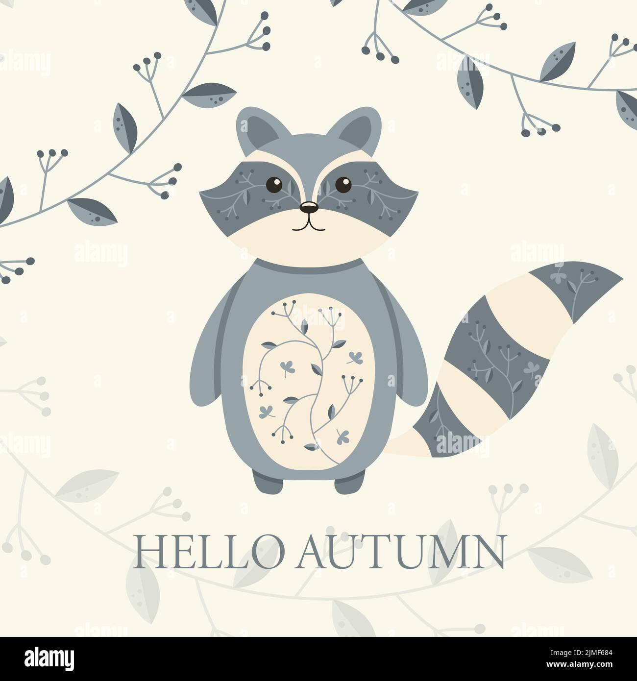 Carino Raccoon con ornamento d'autunno sul corpo Ciao autunno Illustrazione Vettoriale