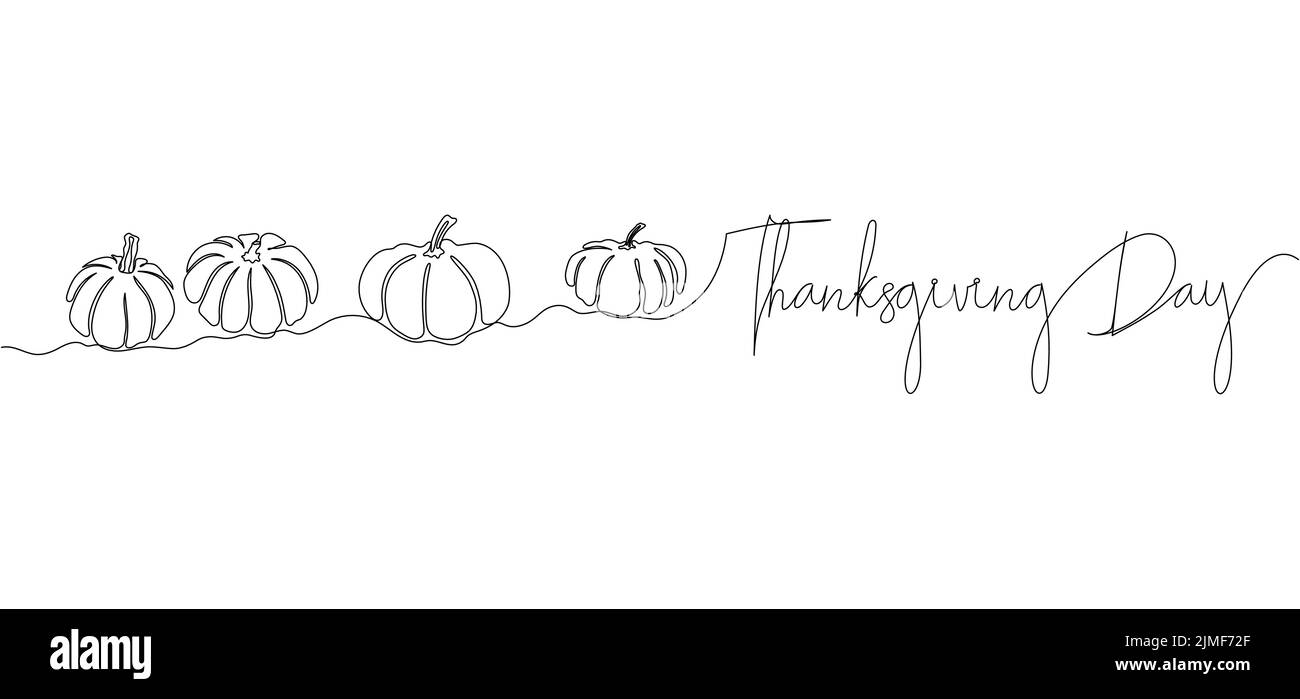 Giorno del Ringraziamento continuo una linea che disegna sfondo con zucche. Illustrazione vettoriale per poster di design, banner, volantino. Illustrazione Vettoriale