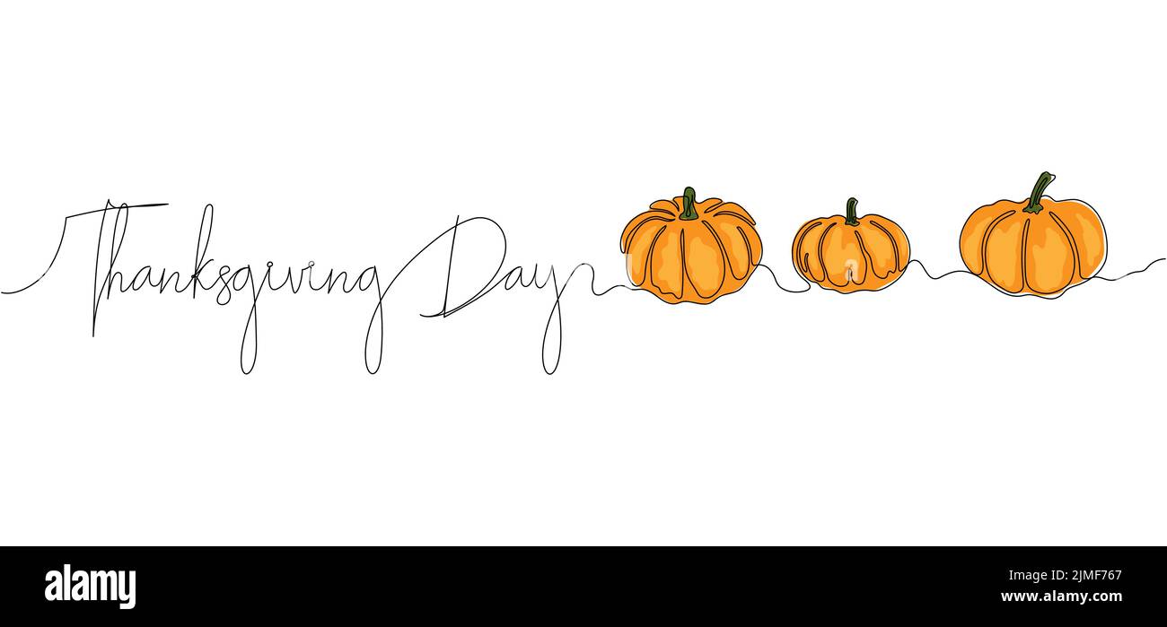 Giorno del Ringraziamento continuo una linea che disegna sfondo con zucche. Illustrazione vettoriale per poster di design, banner, volantino. Illustrazione Vettoriale