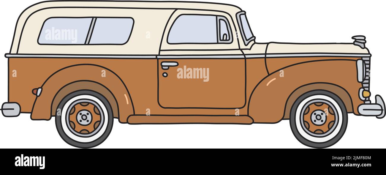 Il disegno a mano vettorizzato di un vecchio arancione e crema off Road station wagon Illustrazione Vettoriale