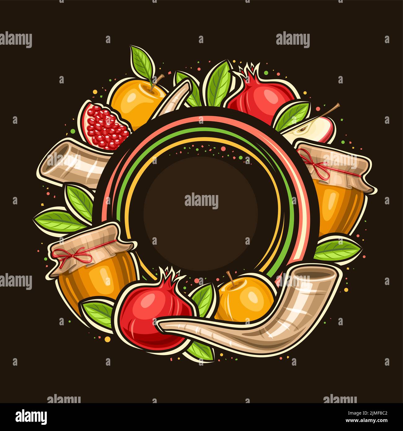 Cornice vettoriale per Rosh Hashanah con spazio copia per il testo delle congratulazioni, segno decorativo con illustrazione di melograno, vaso miele fattoria, mela fresca Illustrazione Vettoriale