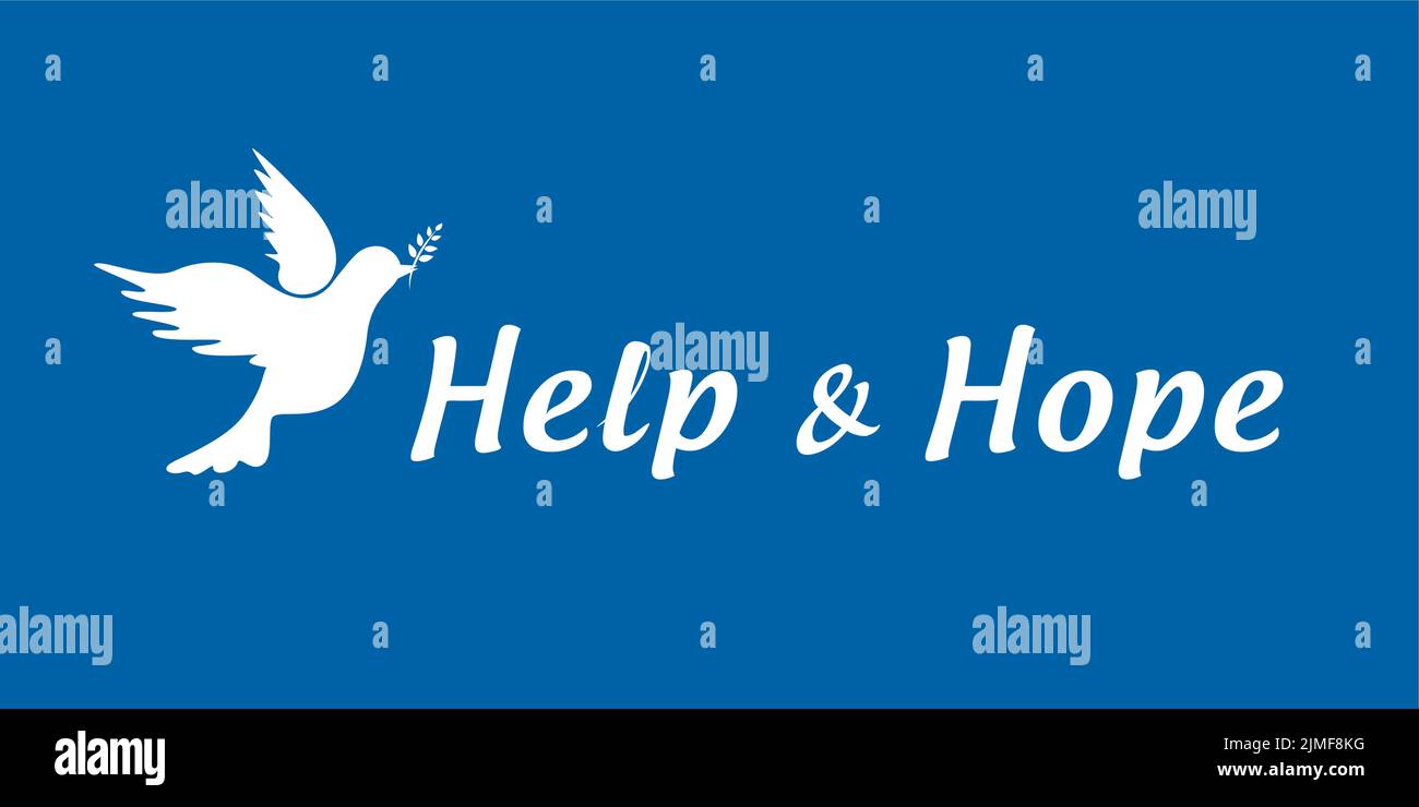 aiuto e speranza tipografia pace colomba sfondo blu Illustrazione Vettoriale