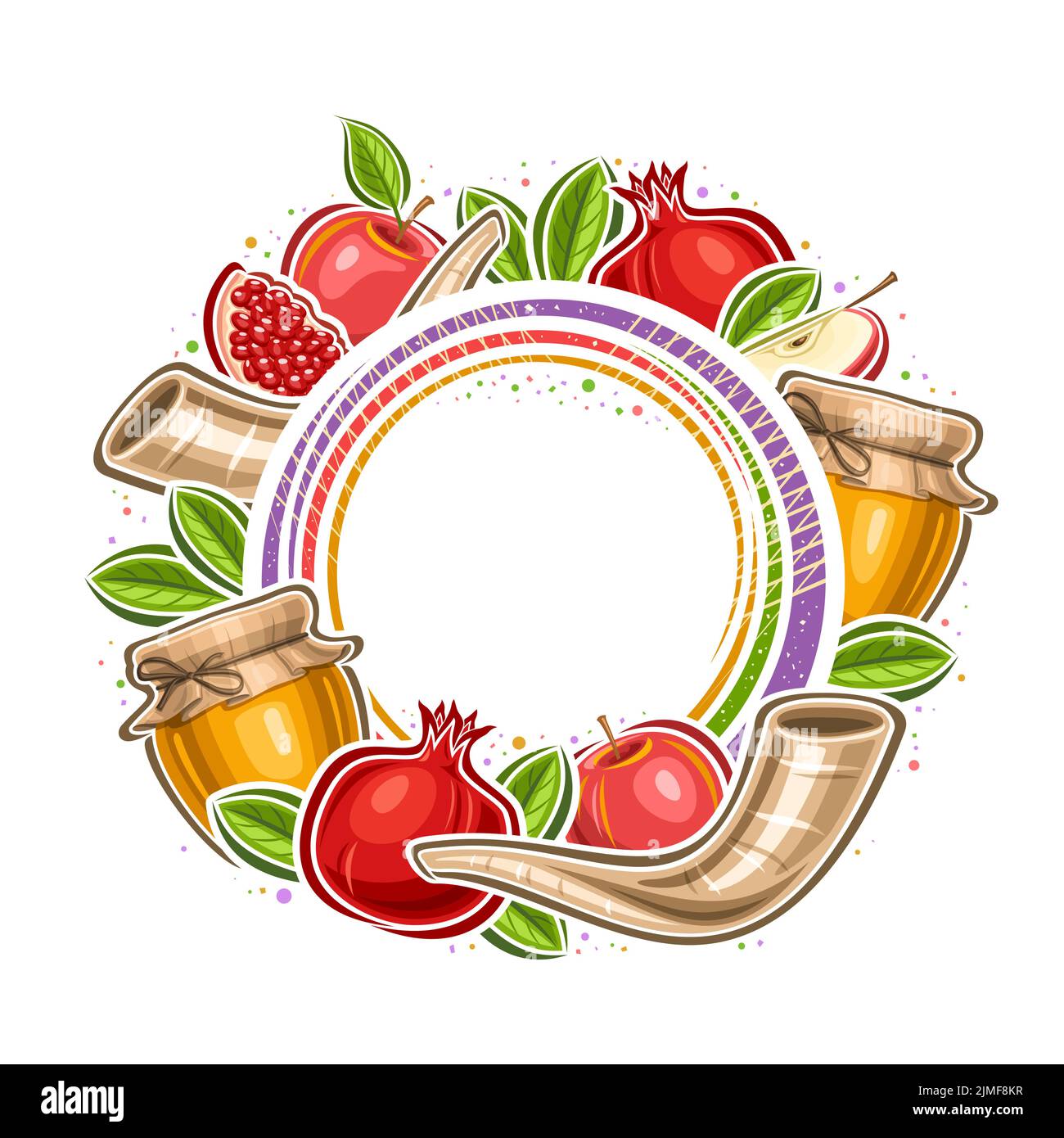 Cornice vettoriale per Rosh Hashanah con spazio di copia per il testo delle congratulazioni, tag decorativo con illustrazione di fetta di melograno, vaso miele fattoria, app rossa Illustrazione Vettoriale