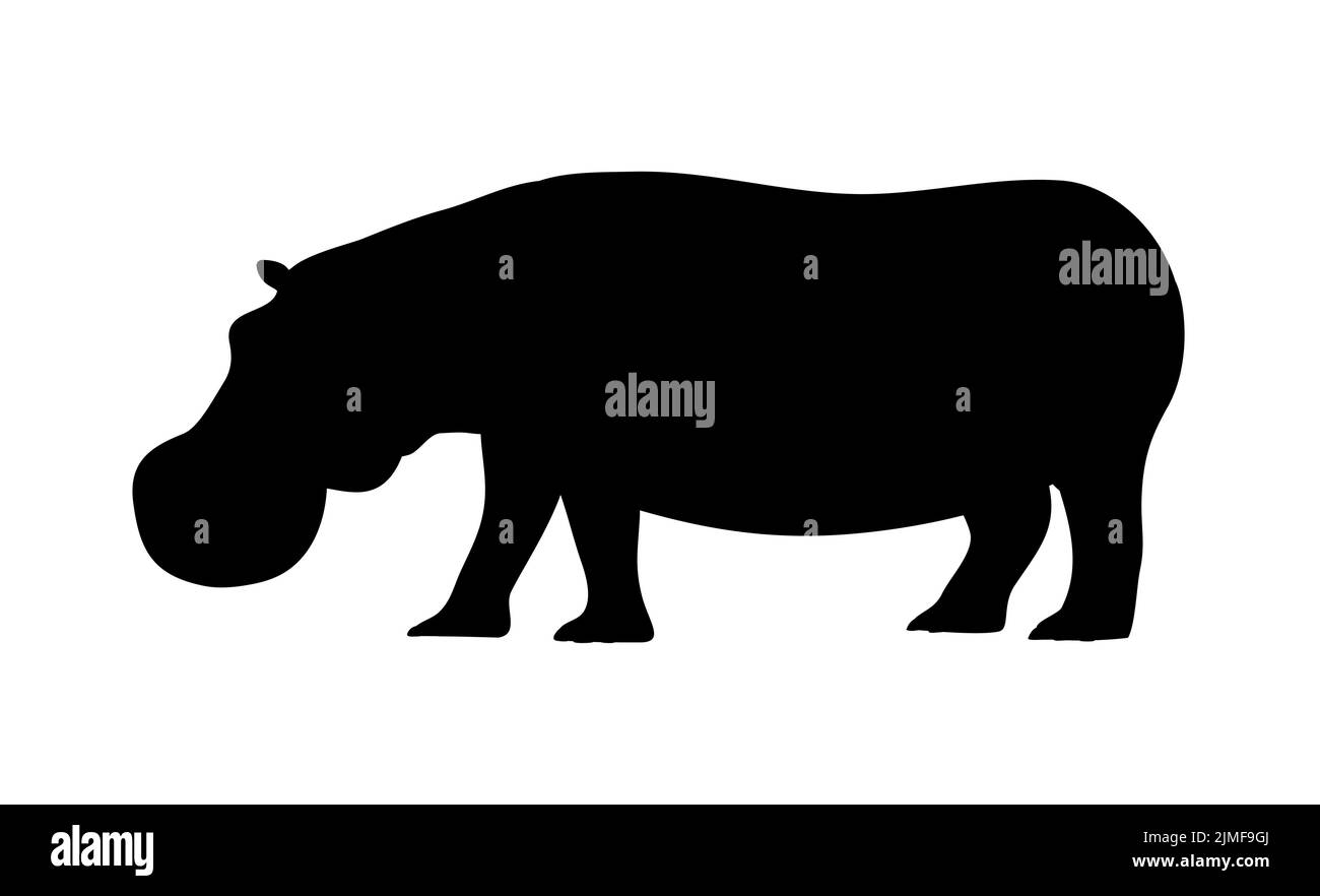 Ippopotamo grande adulto. Silhouette nera. Animale selvatico africano pericoloso. Mammifero erbivoro. Fauna e zoologia. Modello di design per etichetta, insegna, logo. Vet Illustrazione Vettoriale
