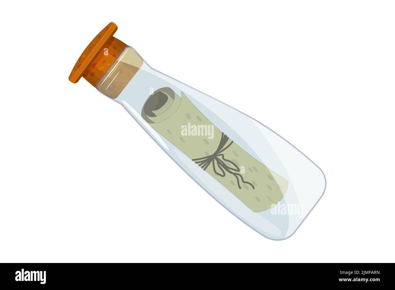 Flacone con messaggio. Lettera in bottiglia di vetro con sughero. Flacone con rotolo di carta. Simbolo dei pirati. Spedire in un pallone coperto con tappo. Illustrazione del vettore Illustrazione Vettoriale