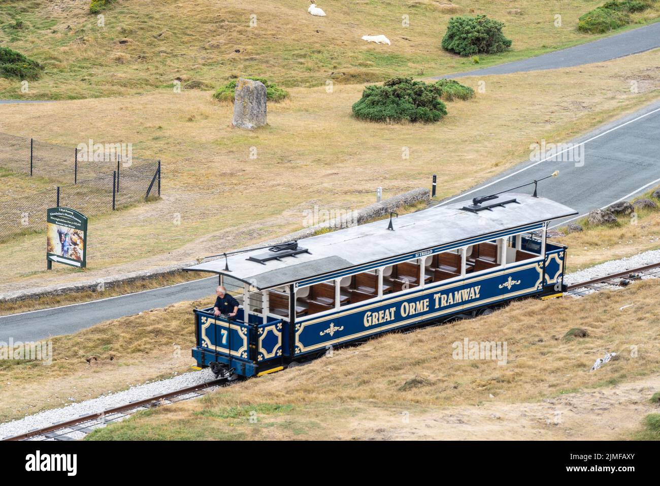 Il tram Great Orme è l'unica funicolare britannica, o tram trainato via cavo che viaggia su strade pubbliche. Regno Unito, Llandudno, Galles del Nord, 28 luglio 2022. Foto Stock