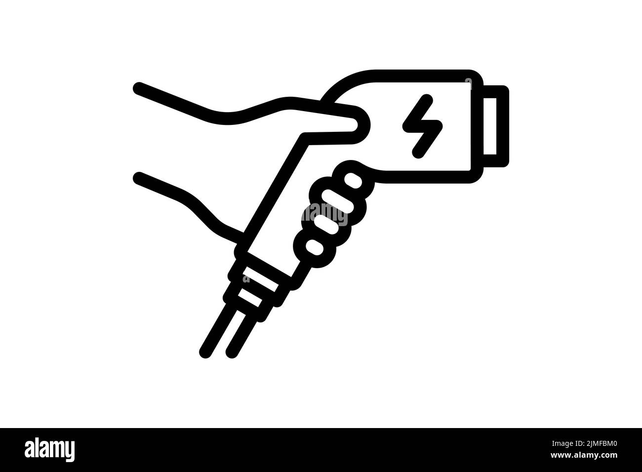 Icona nera lineare del connettore del caricabatteria elettrico con supporto manuale. Simbolo della spina di carica per trasporto elettrico. Cartello di ricarica per veicoli elettrici eco-compatibili. Logo eps stazione di trasporto EV alimentata a batteria Illustrazione Vettoriale