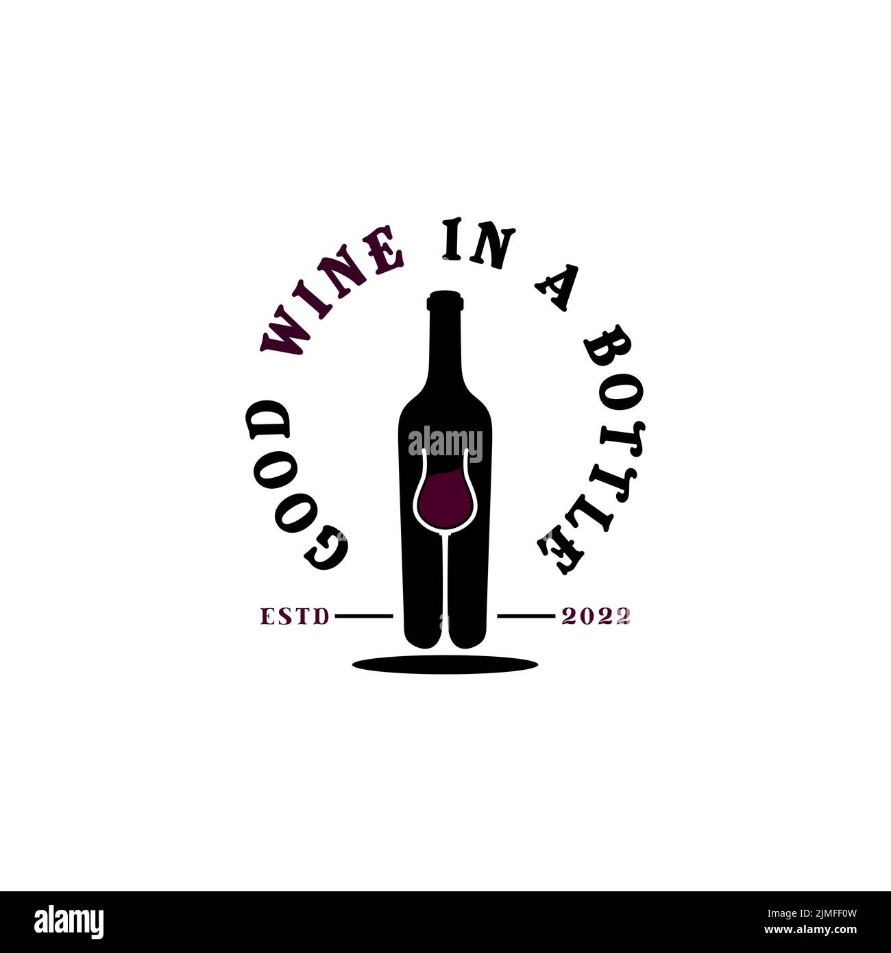 Semplice bottiglia di vino con bellissimo bicchiere per l'ispirazione del design del logo della cantina Illustrazione Vettoriale