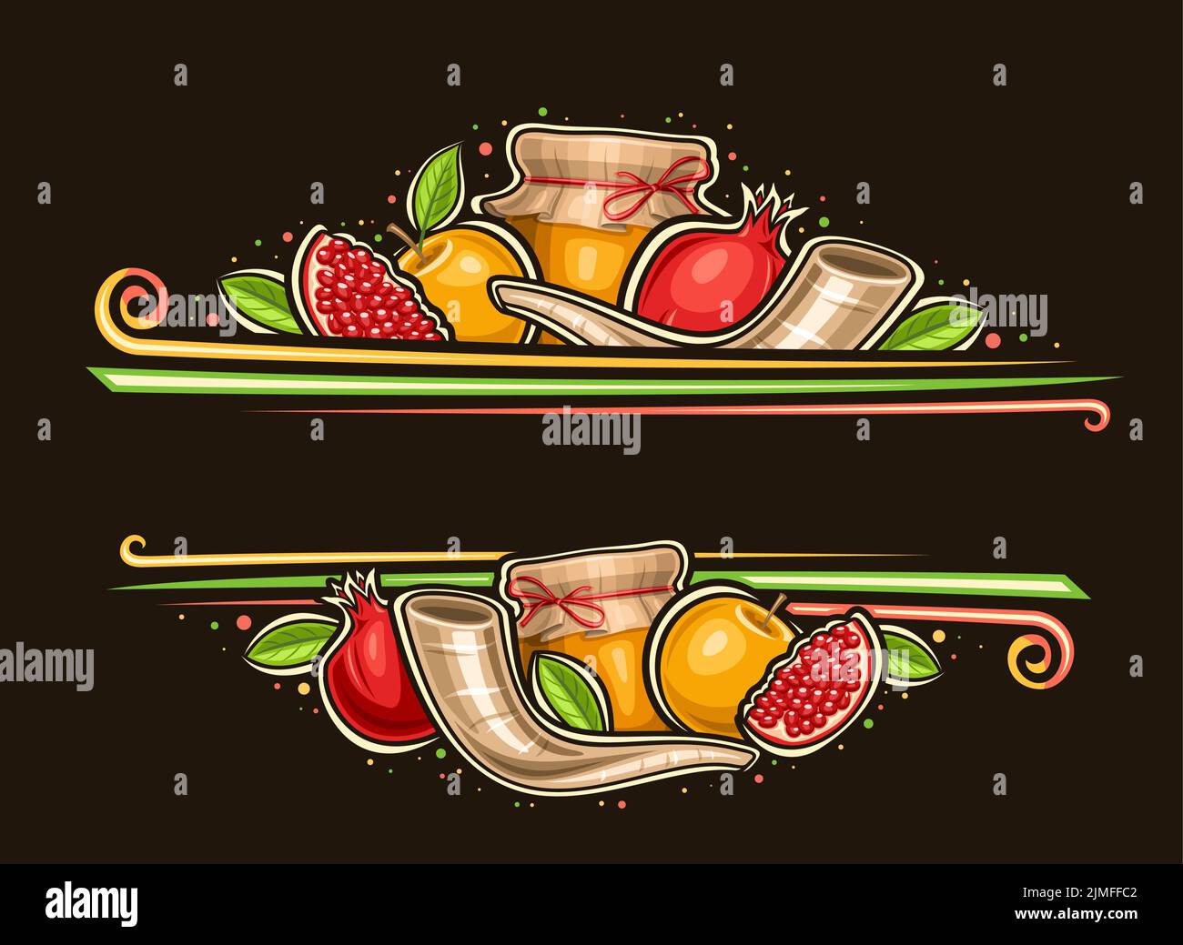 Bordo vettoriale per Rosh Hashanah con spazio copia per il testo di congratulazioni, voucher decorativo con illustrazione di fetta di melograno, vaso miele fattoria, voi Illustrazione Vettoriale