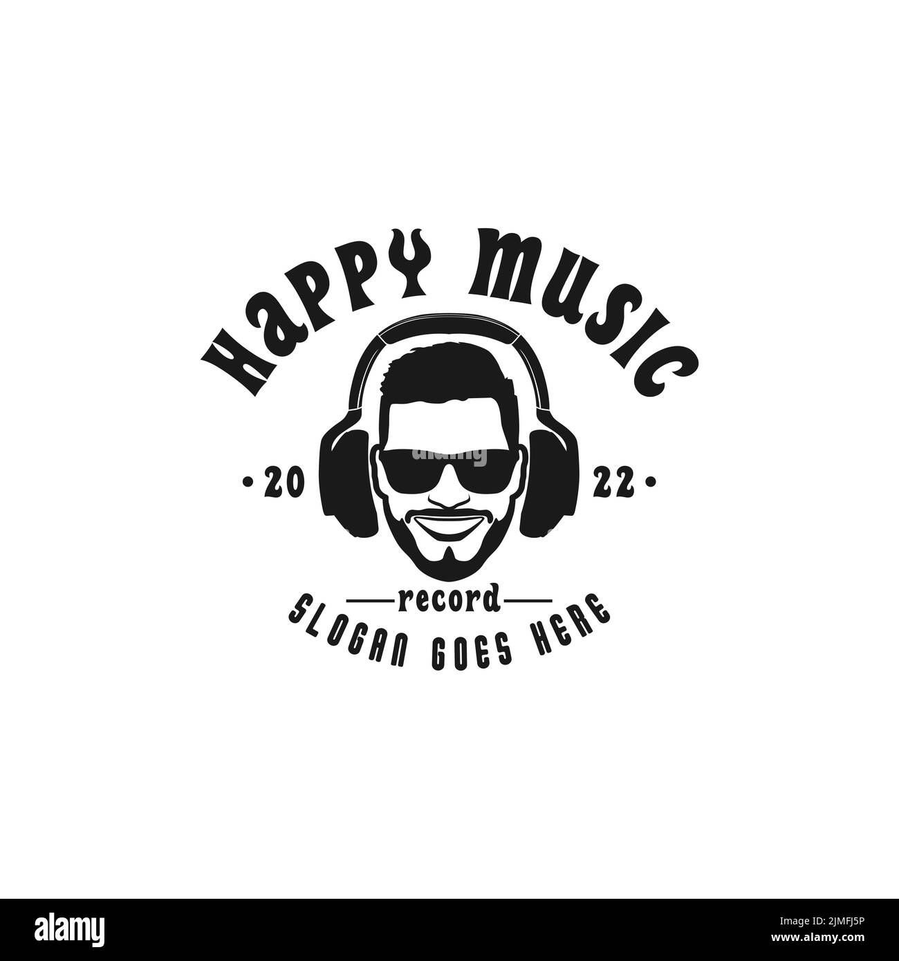 Uomo con occhiali e logo auricolare per Studio Music Record radio Design ispirazione Illustrazione Vettoriale