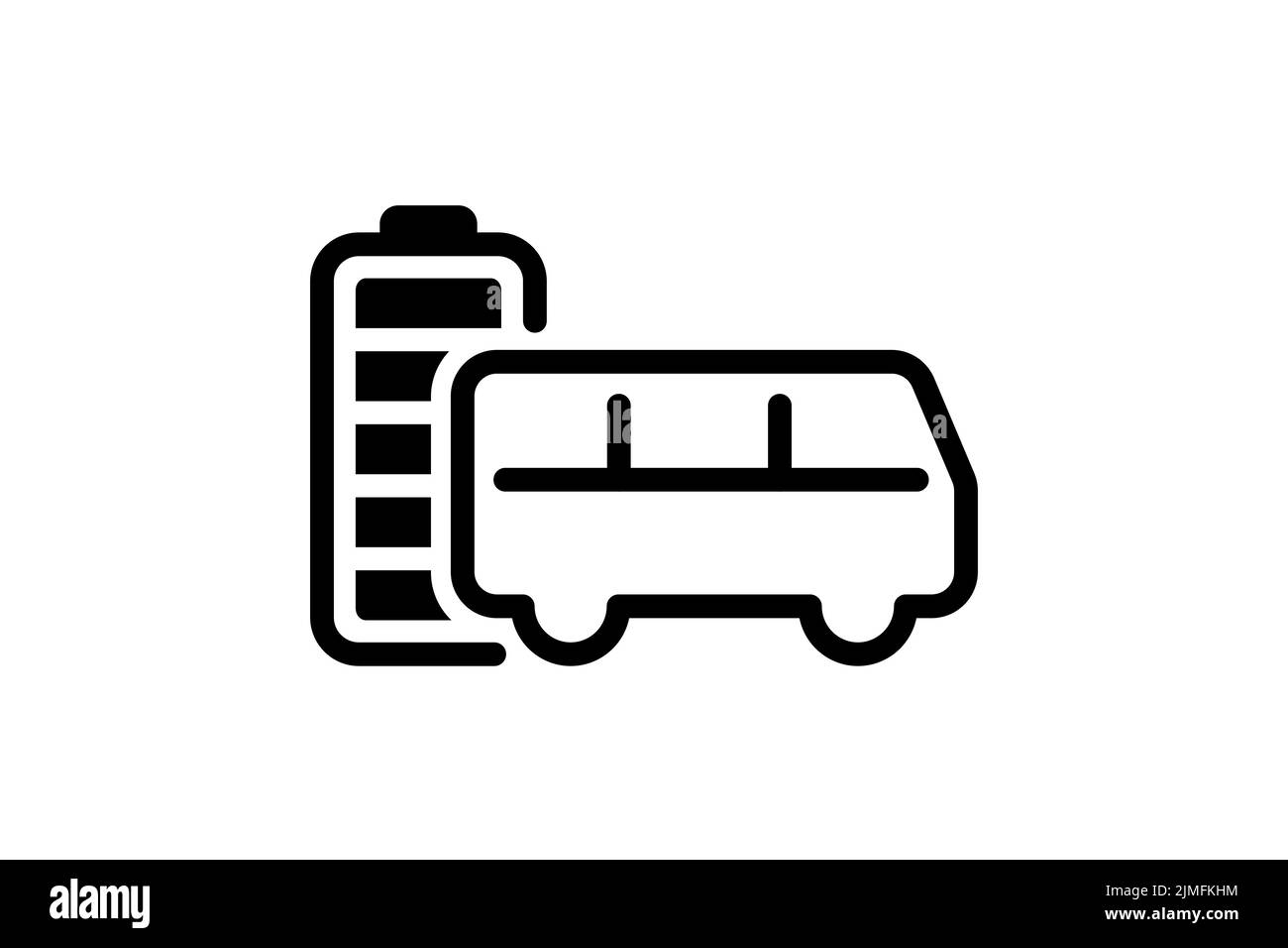 Bus elettrico con icona lineare nera dell'indicatore di energia della batteria completamente carica. Simbolo del caricabatteria dell'accumulatore per il trasporto passeggeri in città. Auto carica elettrica. Cartello di ricarica del veicolo ecologico Illustrazione Vettoriale