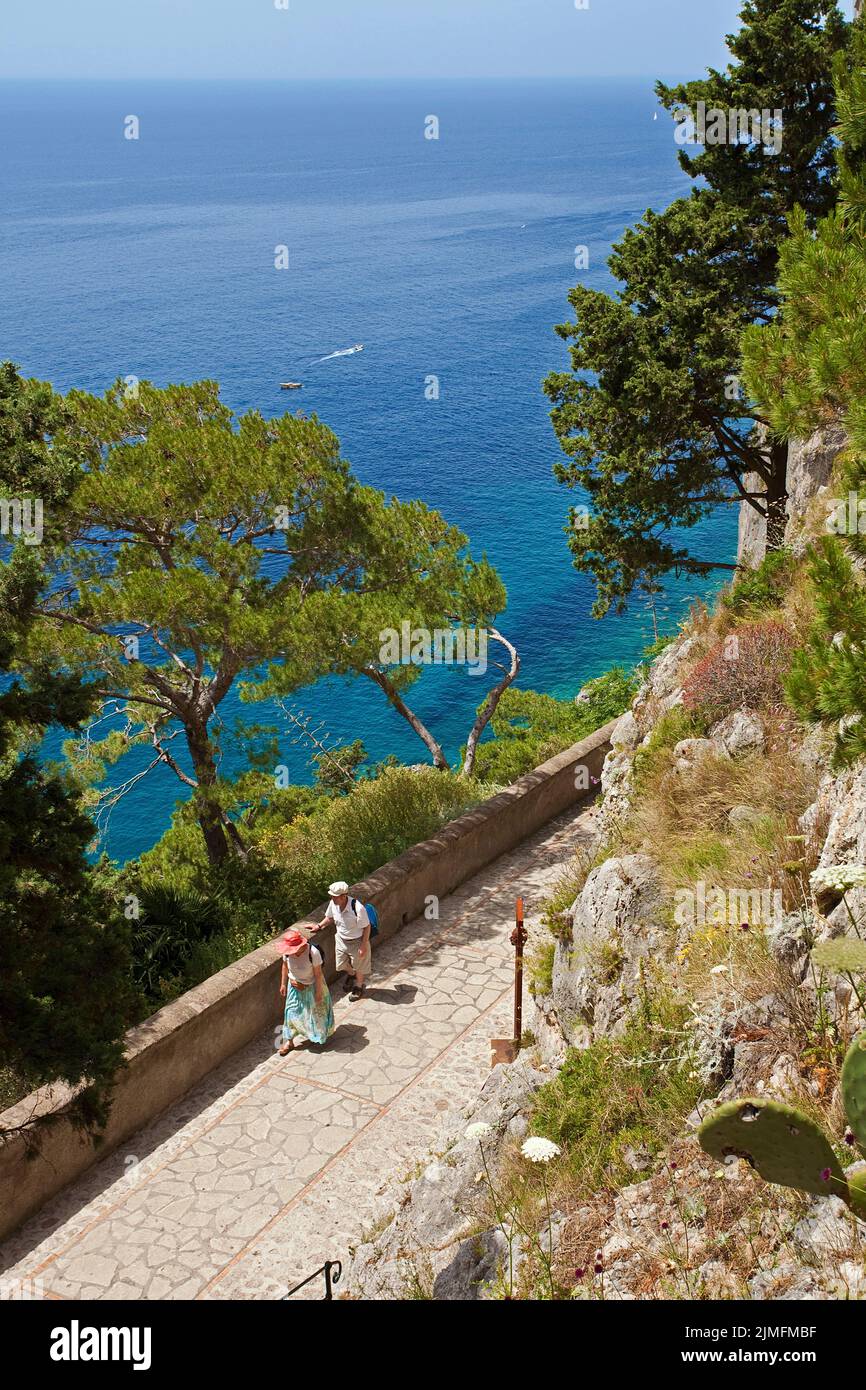 Sentiero panoramico lungo la costa dell'isola di Capri, Golf di Napoli, Campania, Italia, Europa Foto Stock