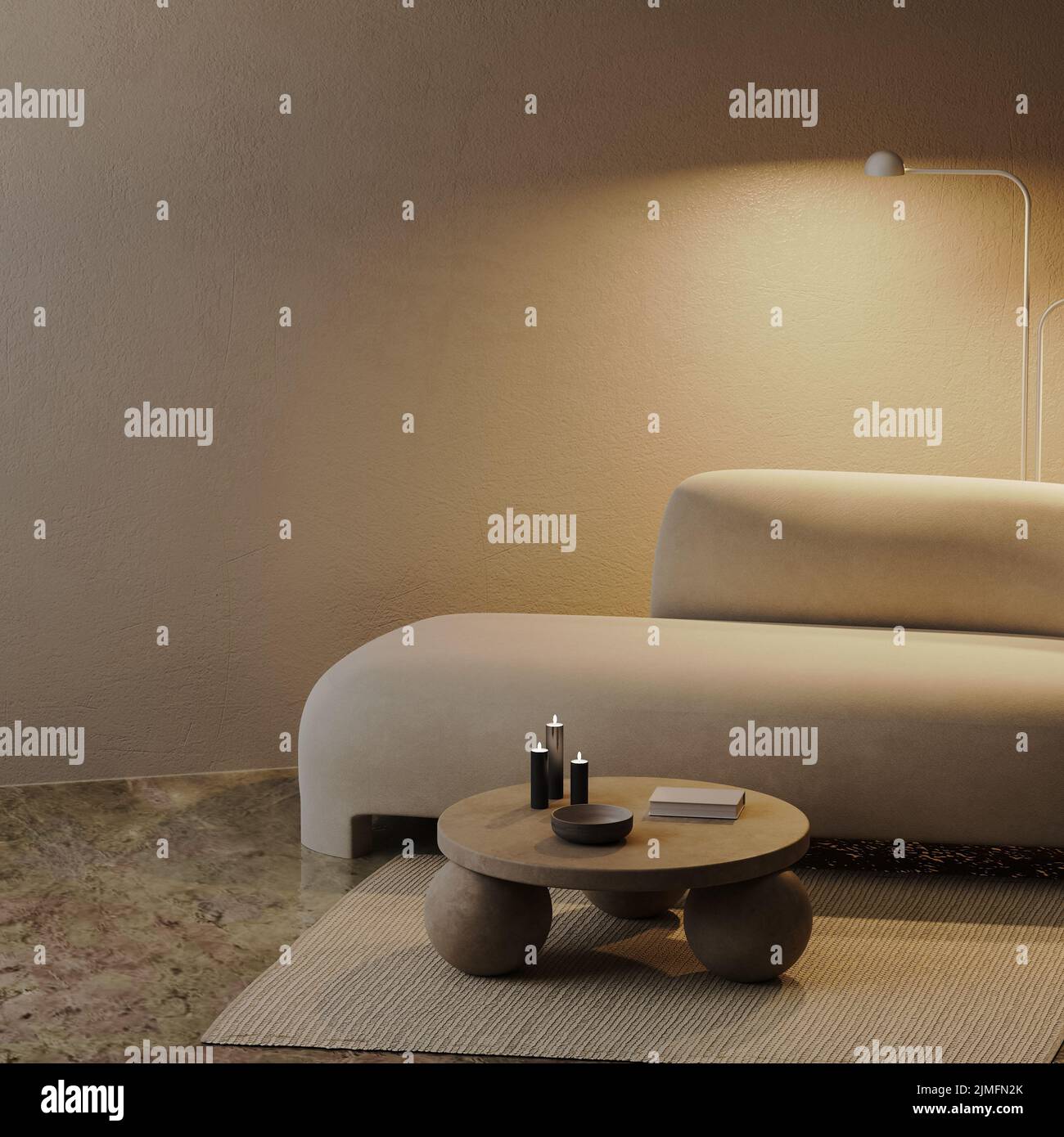 Interni contemporanei del soggiorno di sera con luce della lampada, oscuramento del soggiorno mock up, rendering 3D Foto Stock
