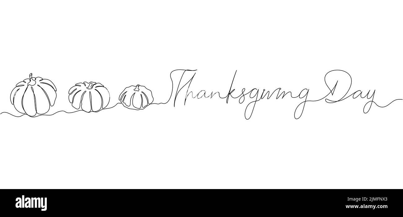 Giorno del Ringraziamento continuo una linea che disegna sfondo con zucche. Illustrazione vettoriale per poster di design, banner, volantino. Illustrazione Vettoriale