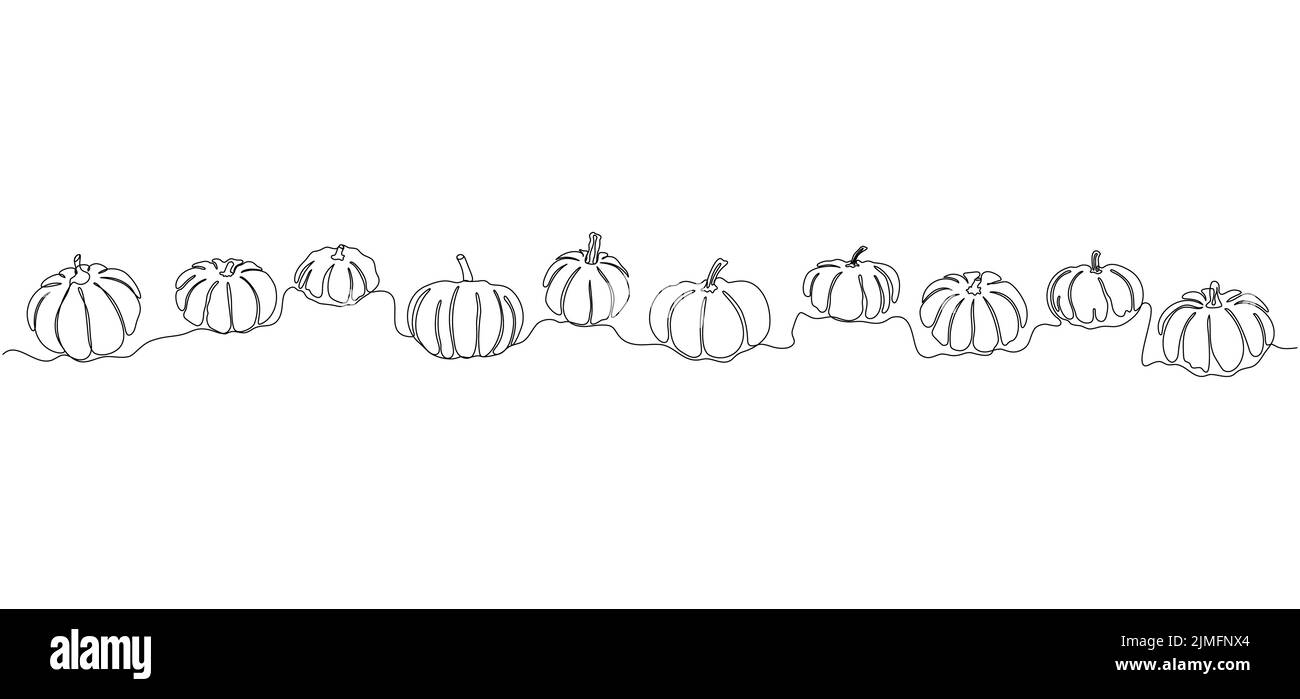 Pumpkins continuo una linea di disegno sfondo. Illustrazione vettoriale per poster di design, banner, volantino. Illustrazione Vettoriale