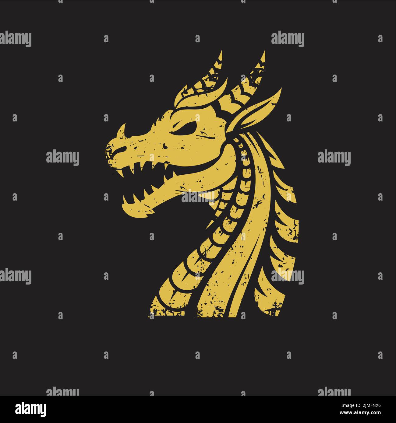 Un design creativo con logo e testa di drago dorata su sfondo nero. Simbolo oroscopo cinese. Illustrazione vettoriale Illustrazione Vettoriale