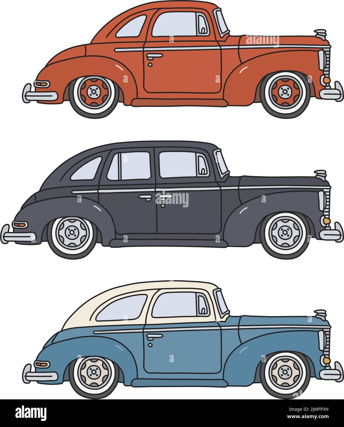Il disegno a mano vettorizzato di tre veicoli a motore classici Illustrazione Vettoriale