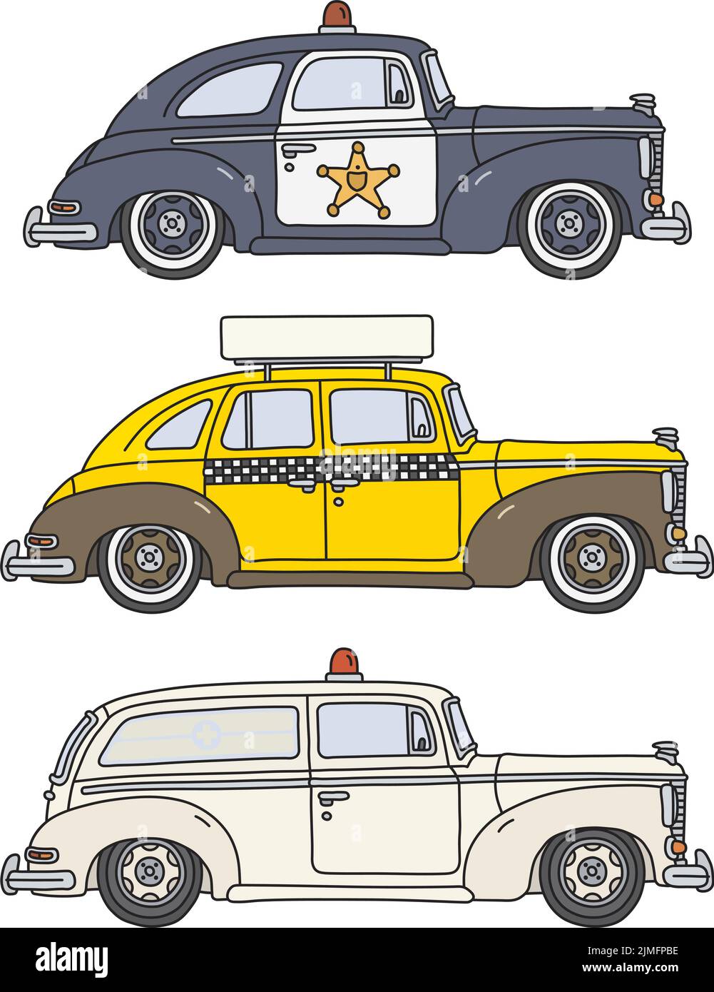 Il disegno a mano vettorizzato di tre grandi auto retrò americane Illustrazione Vettoriale