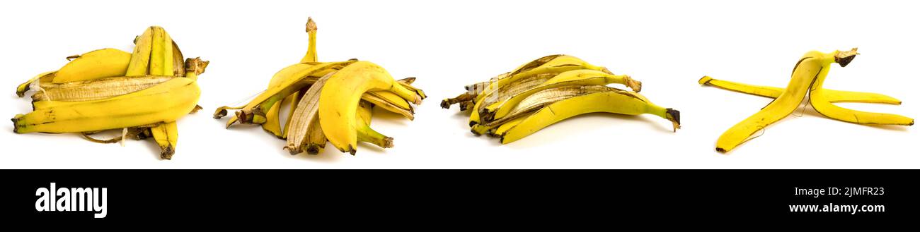 Buccia di banana, buccia di frutta isolata su sfondo bianco. Set di 4 foto. Foto Stock