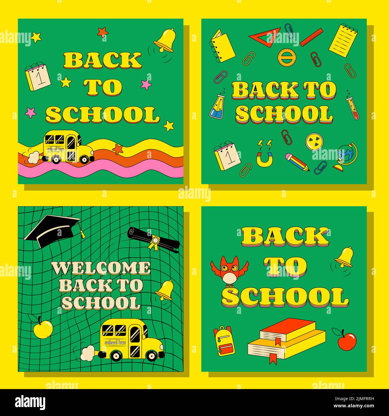 Set di Banner Back to School in Groove Style Party Cards Illustrazione Vettoriale