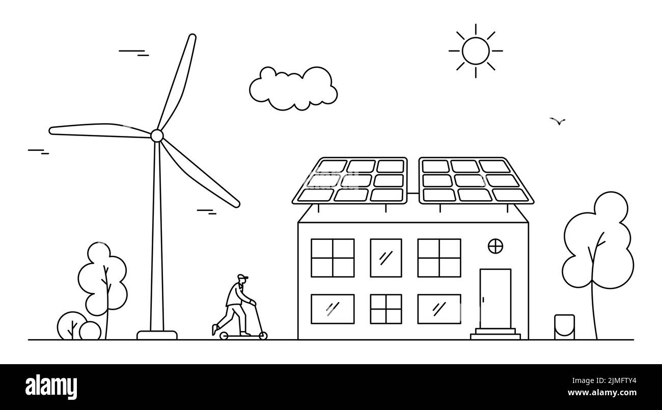 Concetto di energia solare ed eolica rinnovabile. Quartiere linea illustrazione d'arte con casa, uomo e collettore sole. Illustrazione Vettoriale