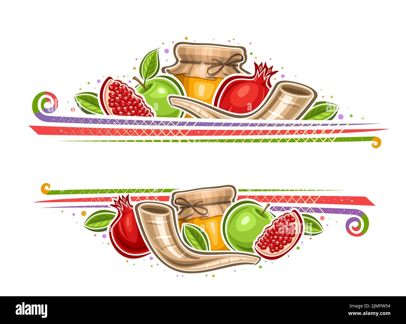 Bordo vettoriale per Rosh Hashanah con spazio per la copia del testo di congratulazioni, invito decorativo con illustrazione di fetta di melograno, vaso di miele, gregge Illustrazione Vettoriale