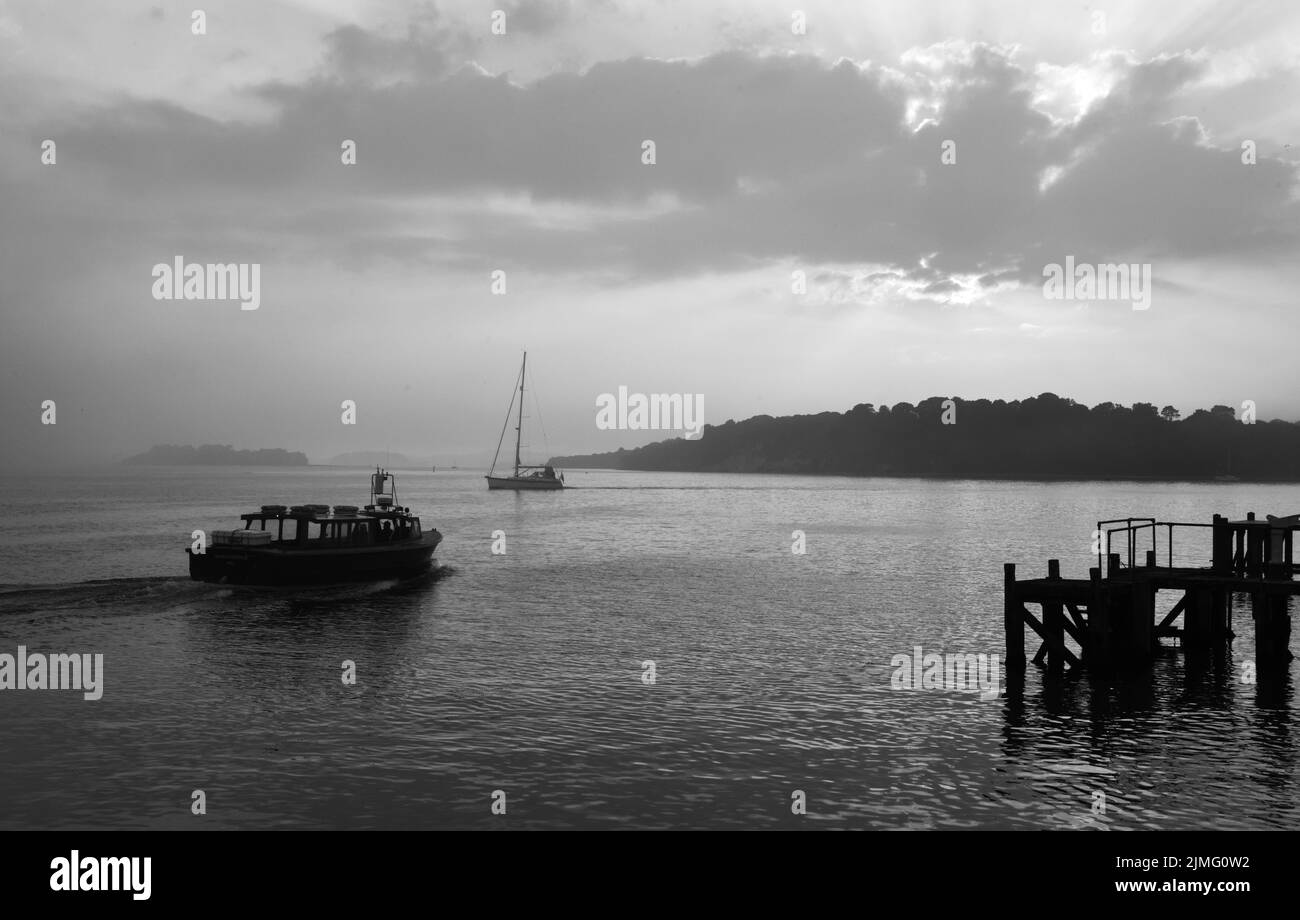 Il piccolo traghetto passeggeri Brownsea Enterprise lascia il molo a Haven, Poole, e si dirige verso Brownsea Island in una nebbiosa serata di maggio Foto Stock