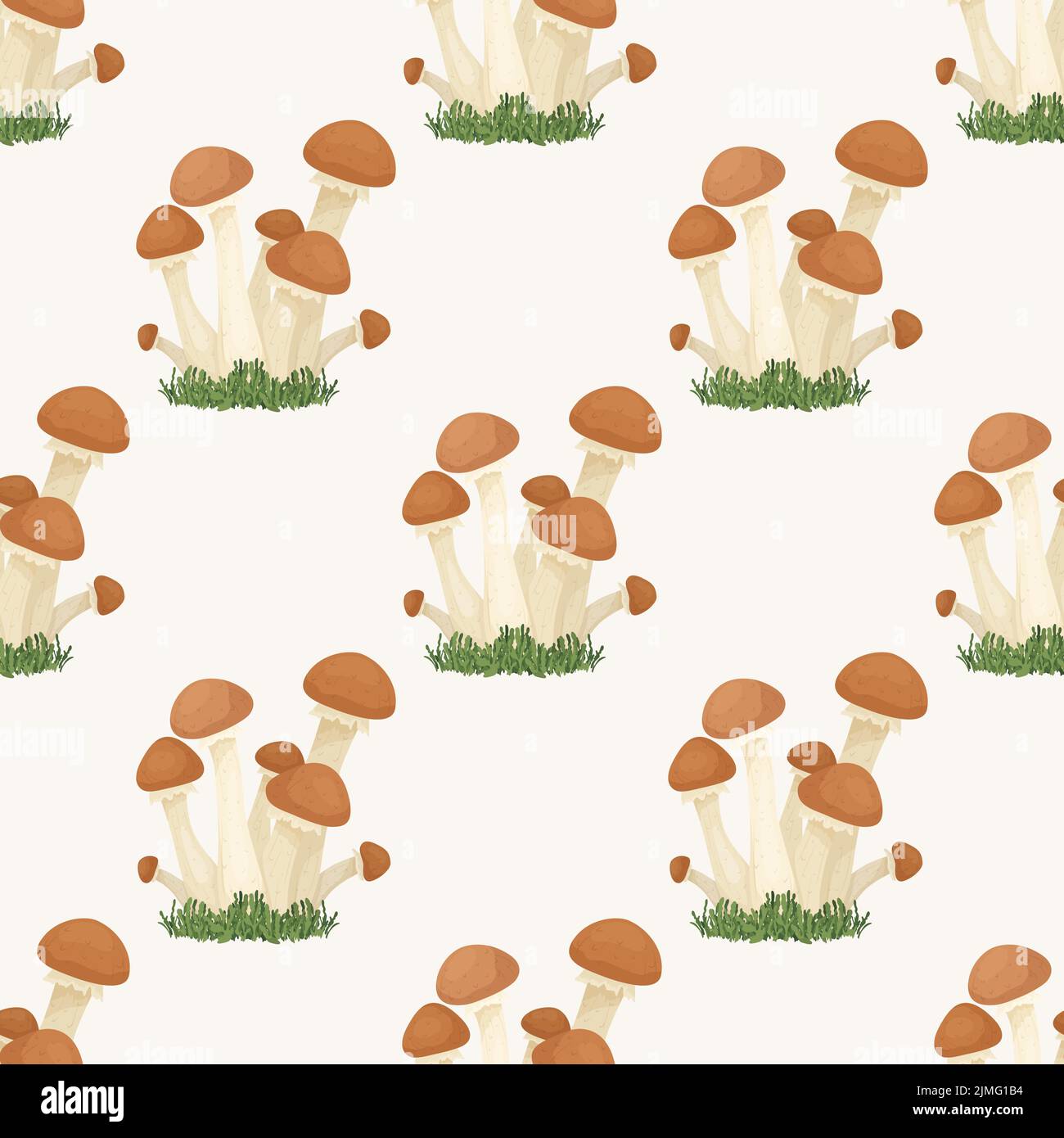 Vector Seamless Pattern con Honey Agaic Mushroom su bianco. Texture senza giunture, funghi agarici di miele di cartoon disegnati a mano. Modello di disegno per tessile Illustrazione Vettoriale