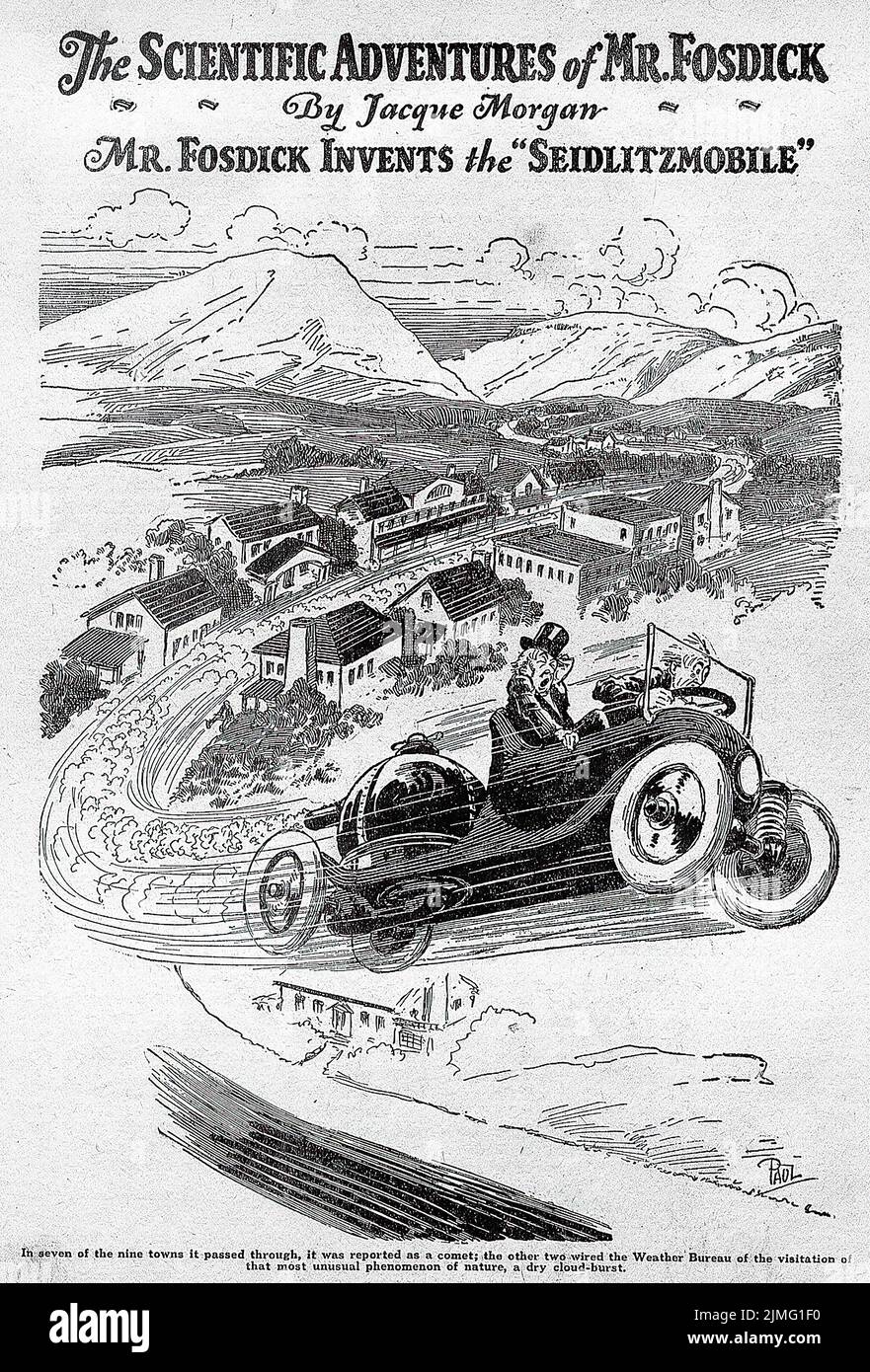 Le avventure scientifiche di Fossick, Fossick inventa la Seidlitzmobile, di Jacque Morgan. Illustrazione di Frank R. Paul da Amazing Stories, giugno 1926. Foto Stock