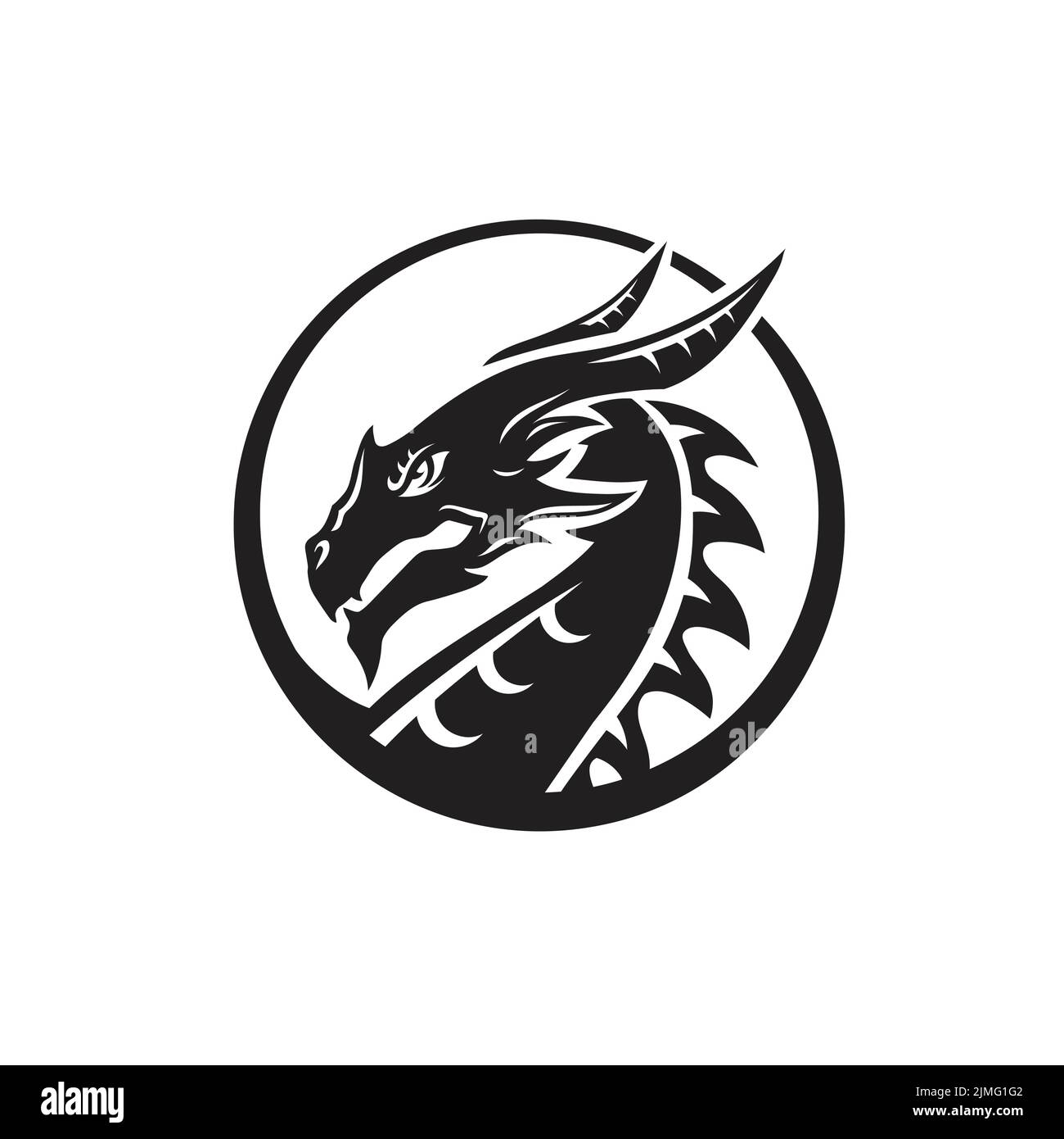 La silhouette della testa del drago, dipinta di nero con varie linee, il logo della figura del drago fata Vector Illustrazione Vettoriale