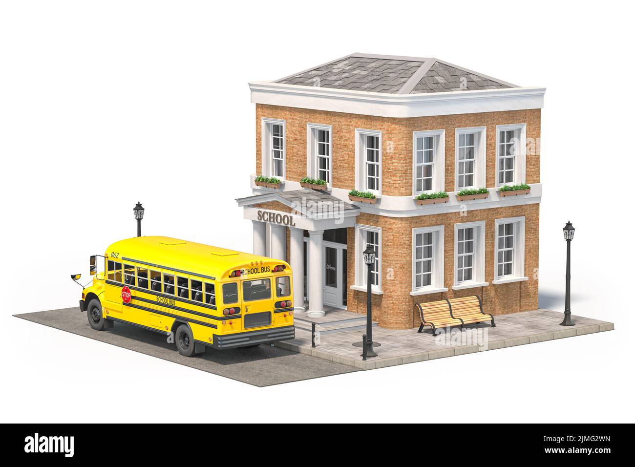 Edificio scolastico con bus scuola giallo isolato su bianco. 3d illustrazione Foto Stock