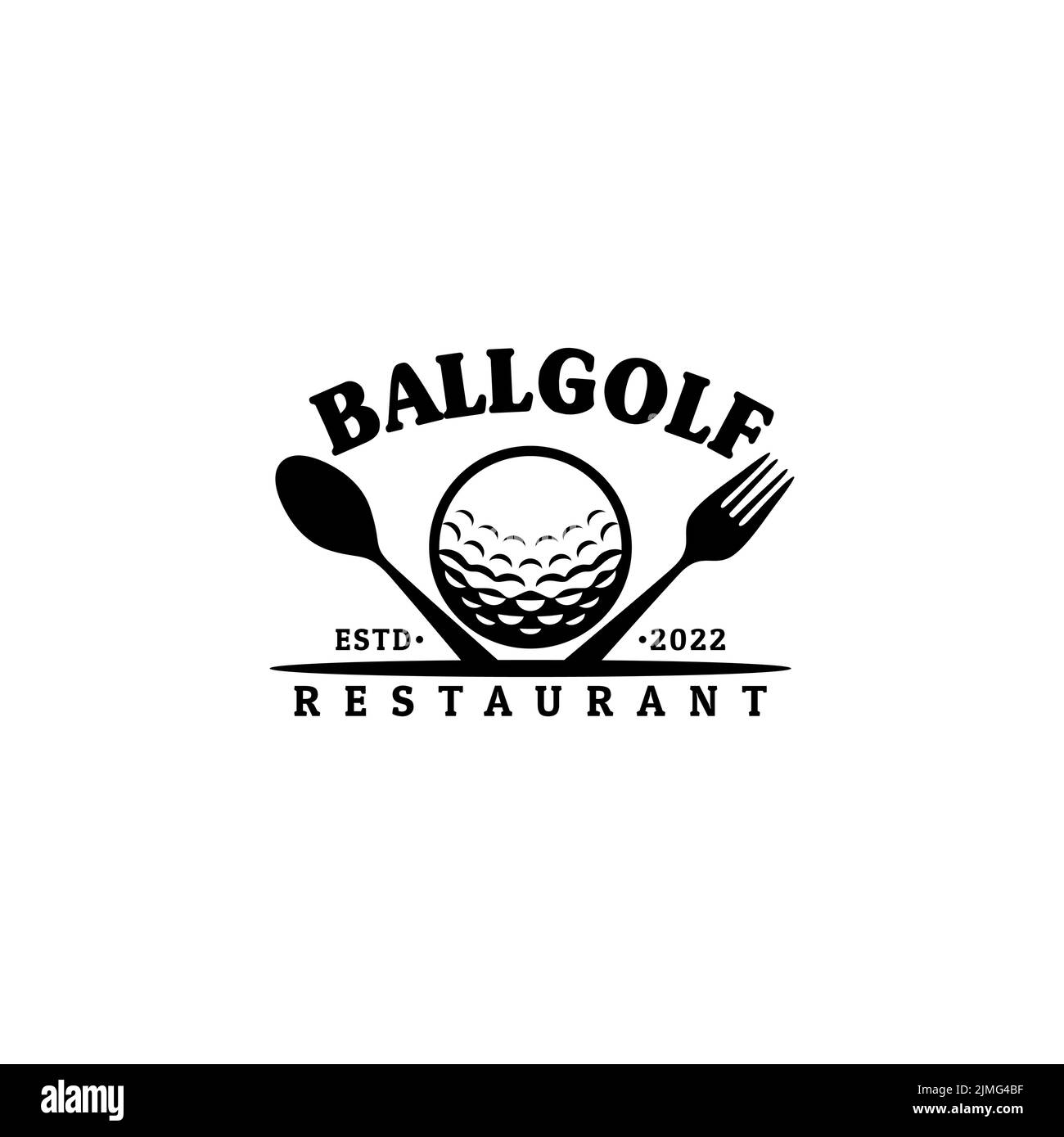 Ristorante Golf Bar con design con logo Ball e Spoon Fork incrociato Illustrazione Vettoriale